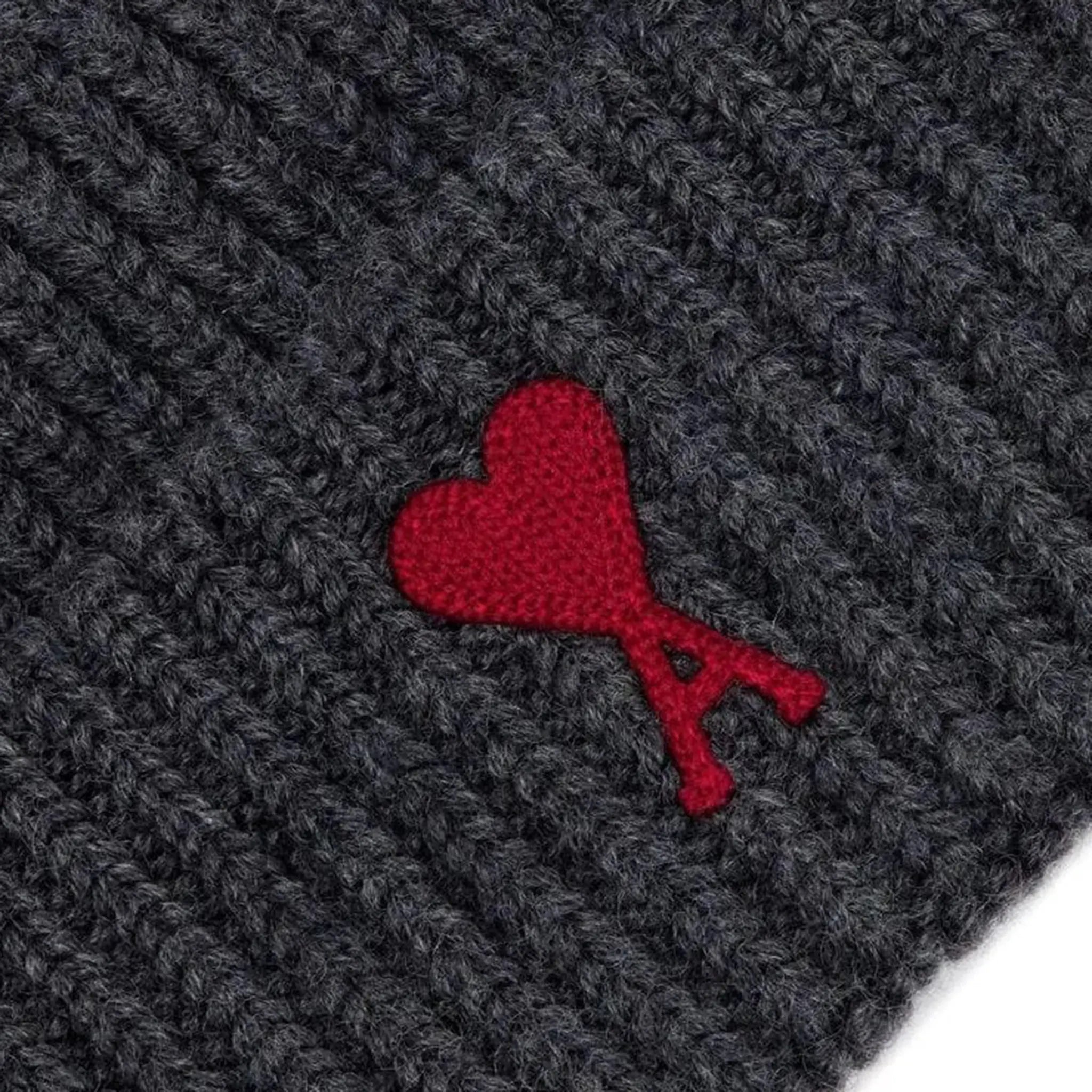 Detail view of Ami Paris Red ADC Grey Beanie Hat h23bfuha106018