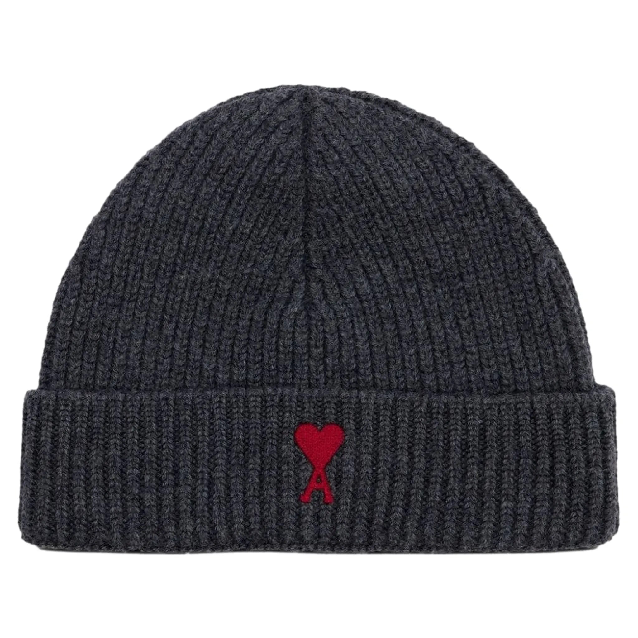 Front view of Ami Paris Red ADC Grey Beanie Hat h23bfuha106018