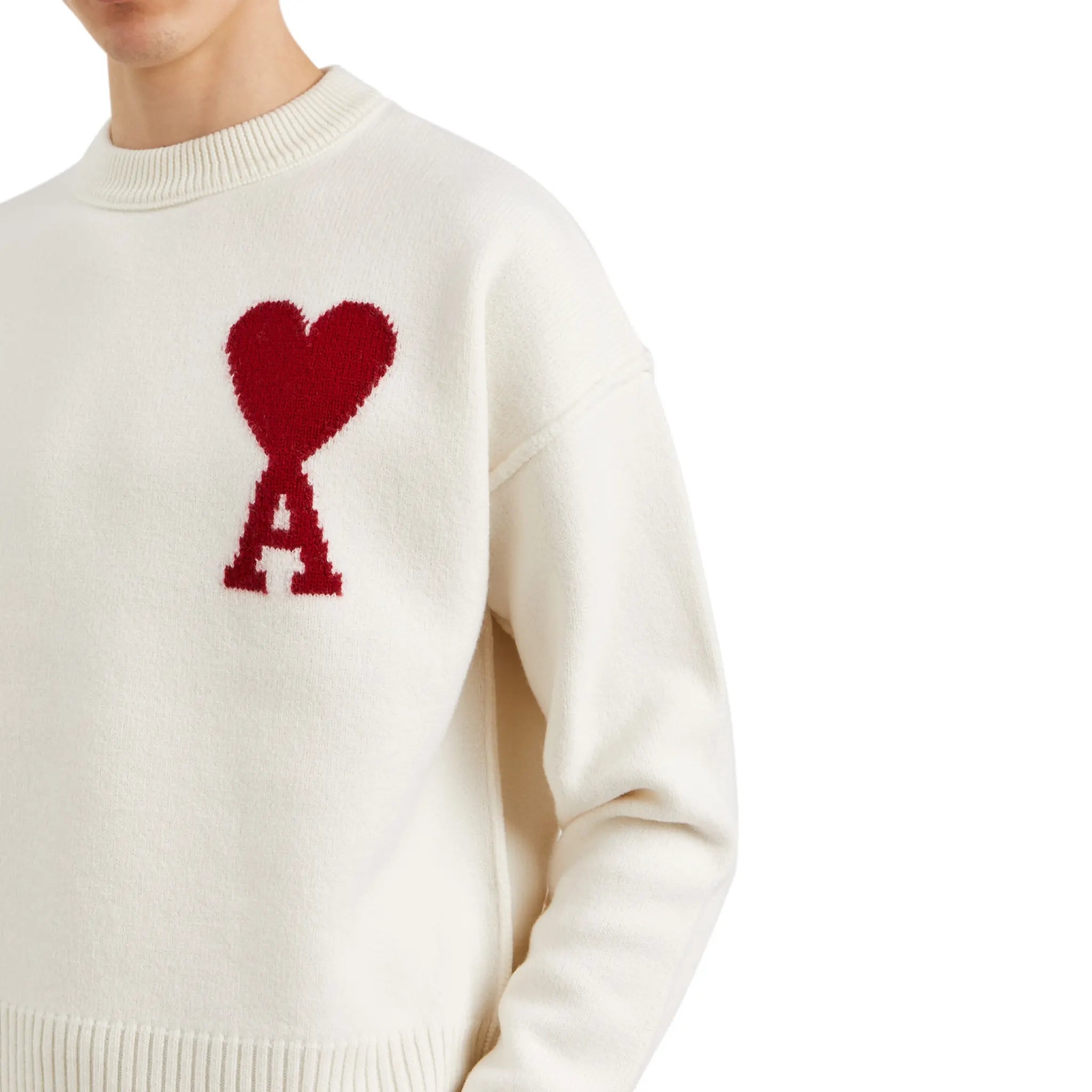 Detail view of Ami Paris Red Ami De Coeur Logo-intarsia Off White Sweater UKS003016102SS22