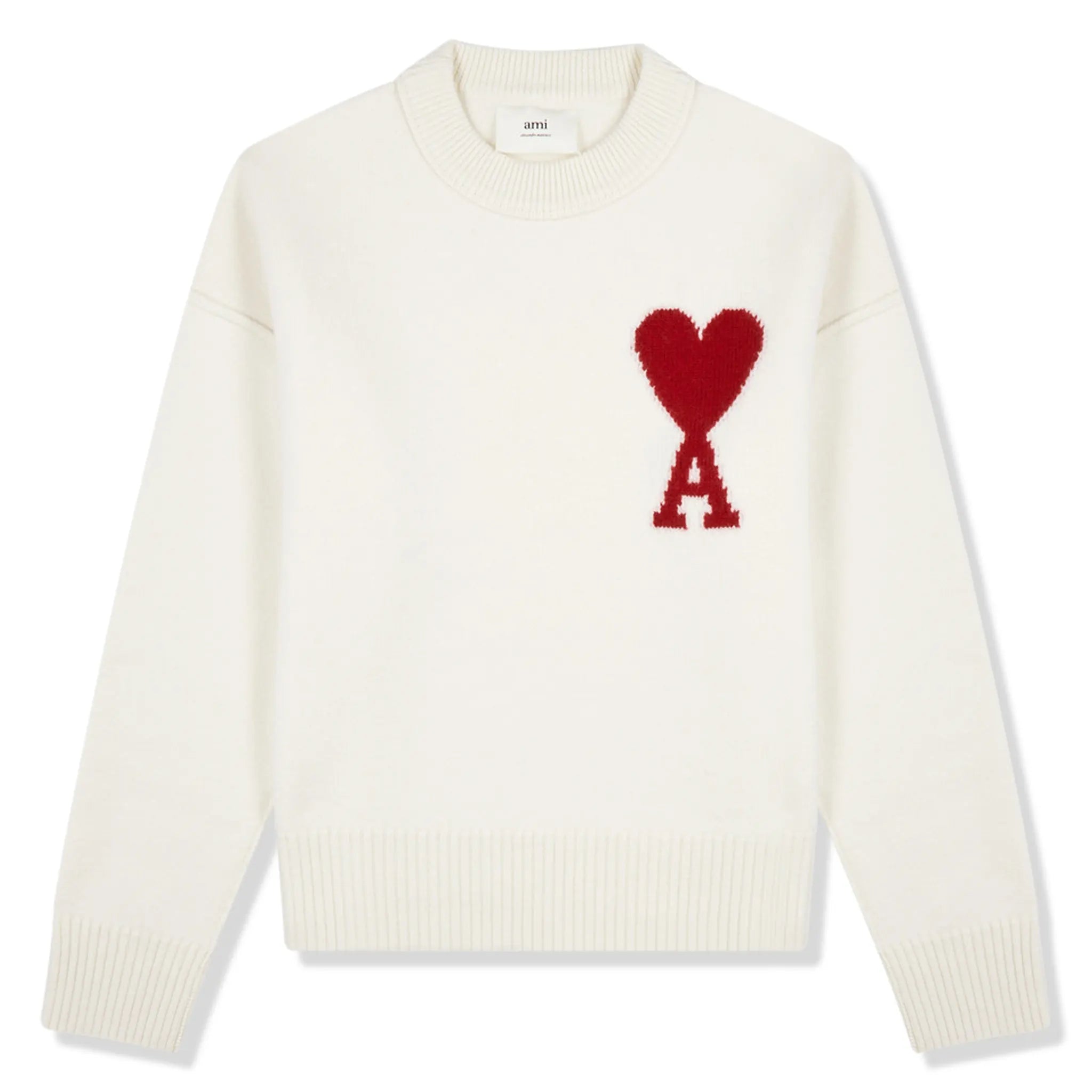 Front view of Ami Paris Red Ami De Coeur Logo-intarsia Off White Sweater UKS003016102SS22