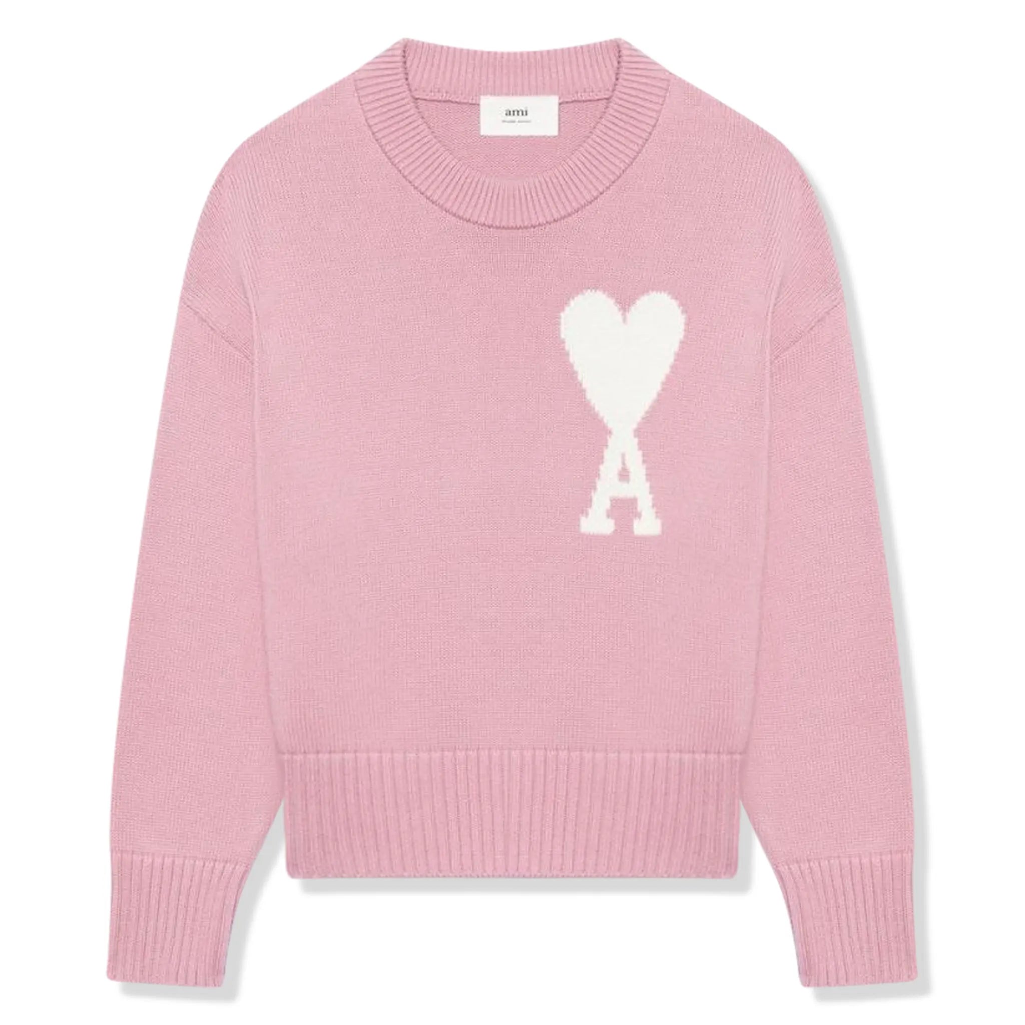 Front view of Ami Paris White Ami De Coeur Logo Intarsia Pink Sweatshirt E22UKS003016659