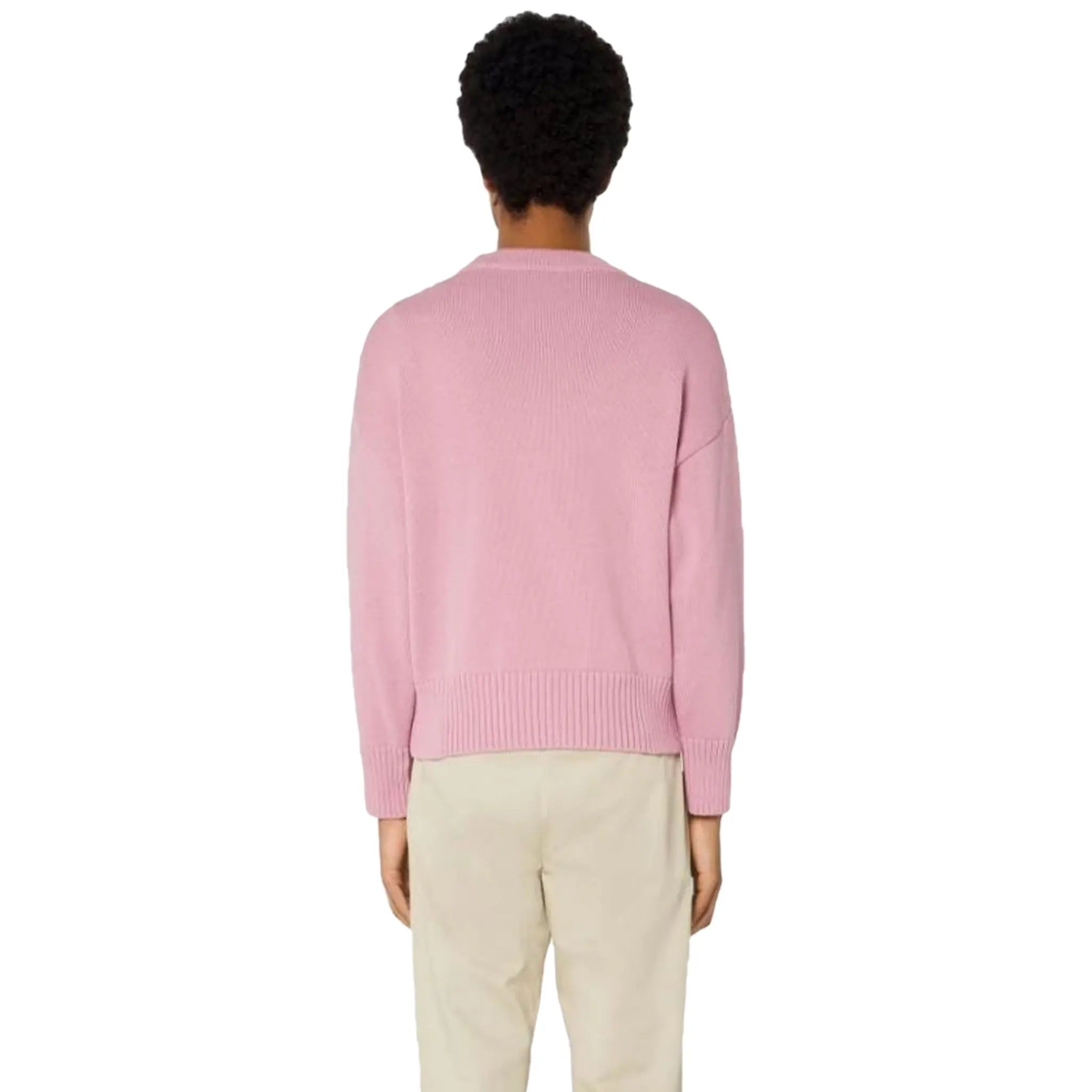 Model Back view of Ami Paris White Ami De Coeur Logo Intarsia Pink Sweatshirt E22UKS003016659