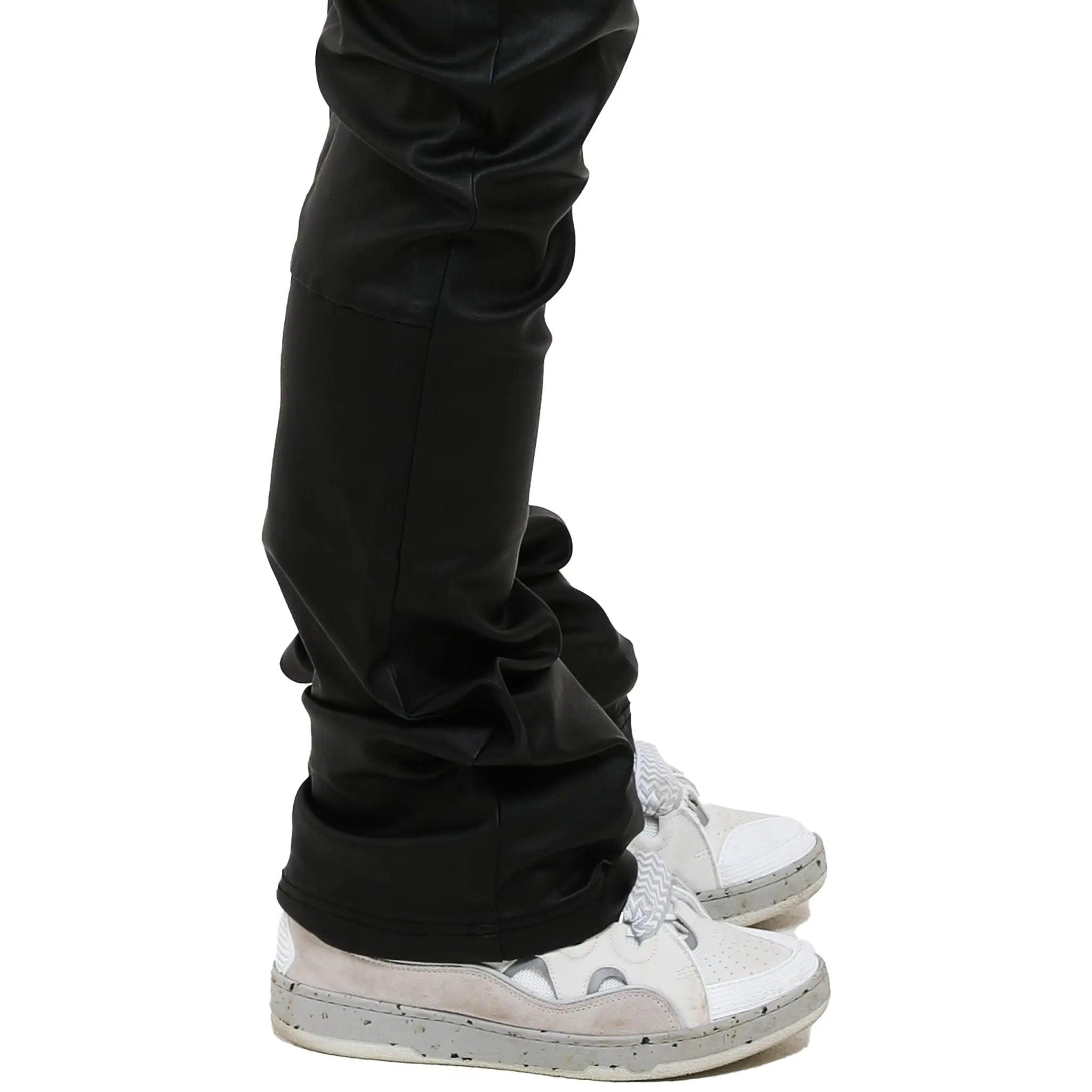 Model Side view of Amicci Manzoni Coated Flare Pants Black AMJ09BLA