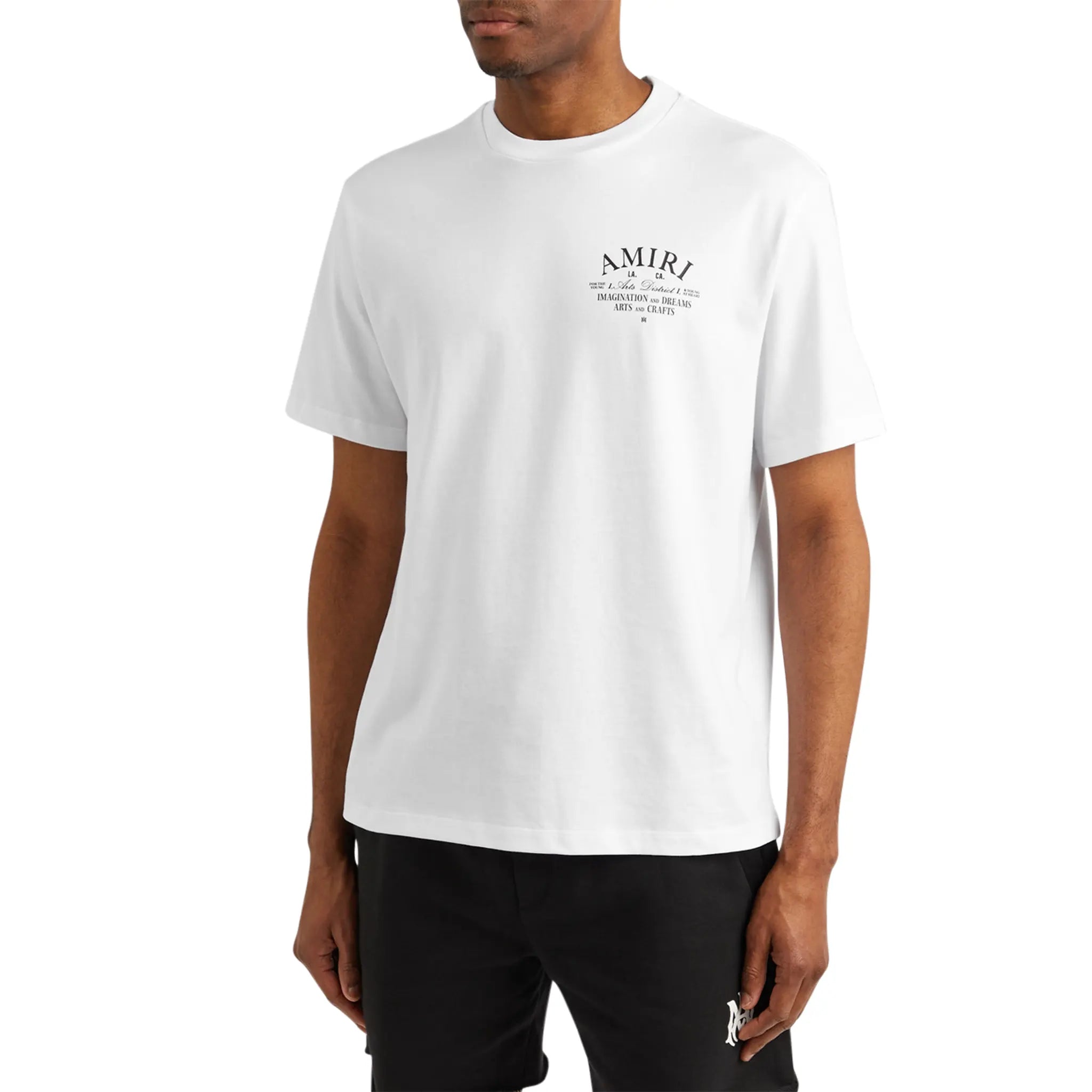 Model Front view of Amiri Arts District White T Shirt pxmjt001-100