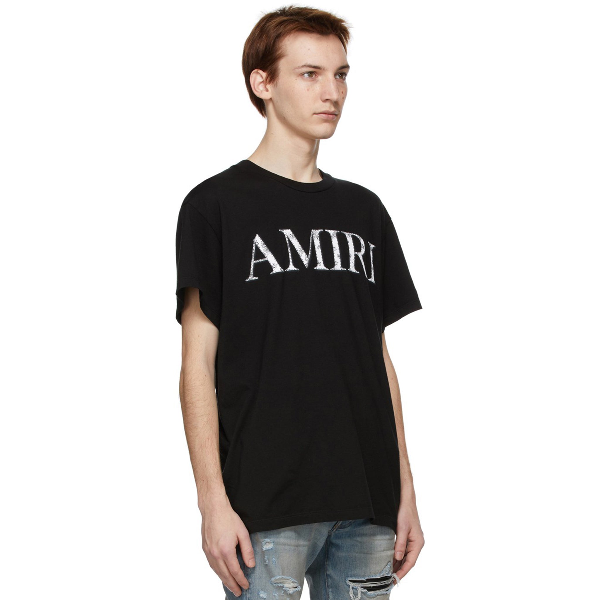 Model side view of Amiri Bandana Logo T Shirt Black MJLT002-001