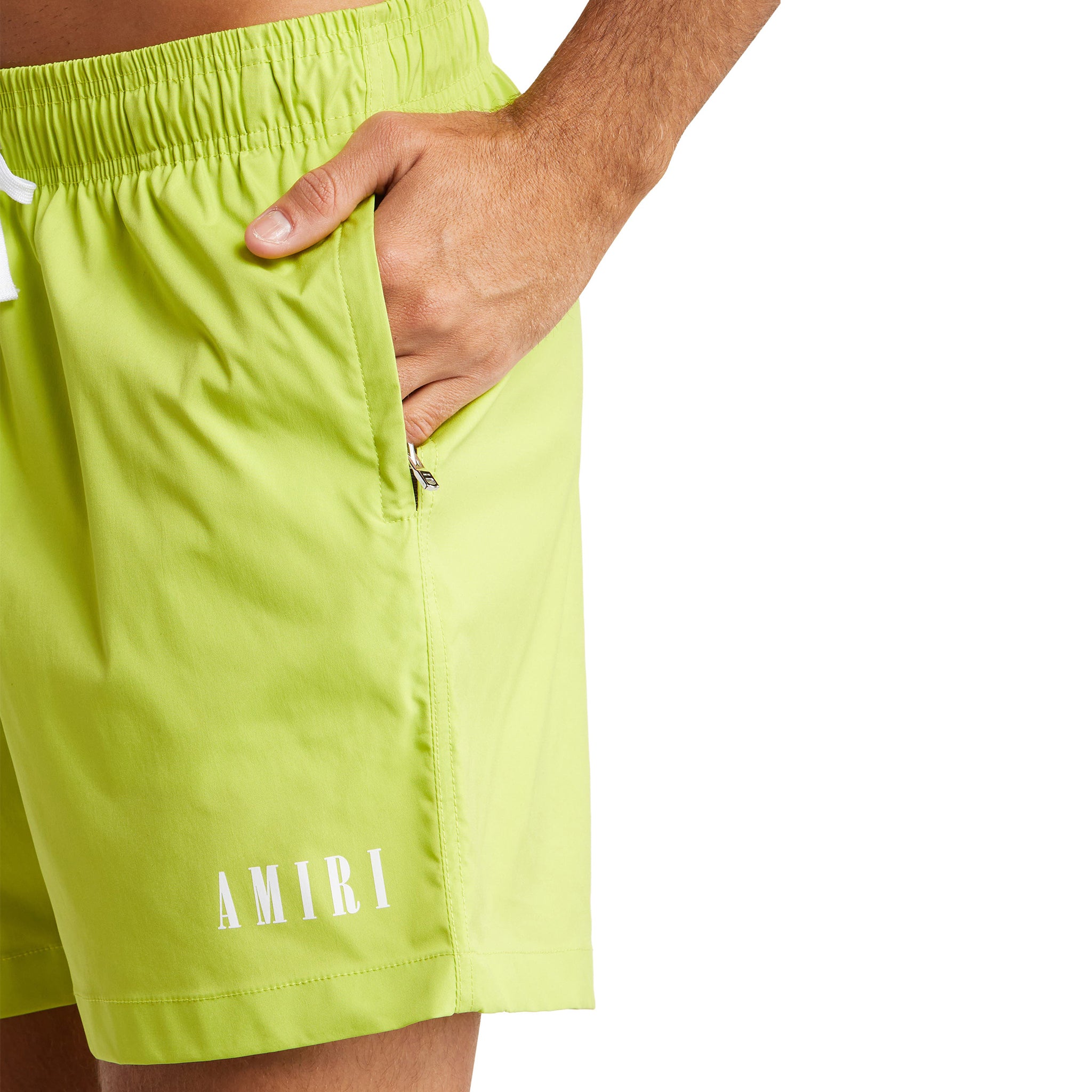 Side model of Amiri Core Logo Swim Shorts Lime PF22MSB001-360