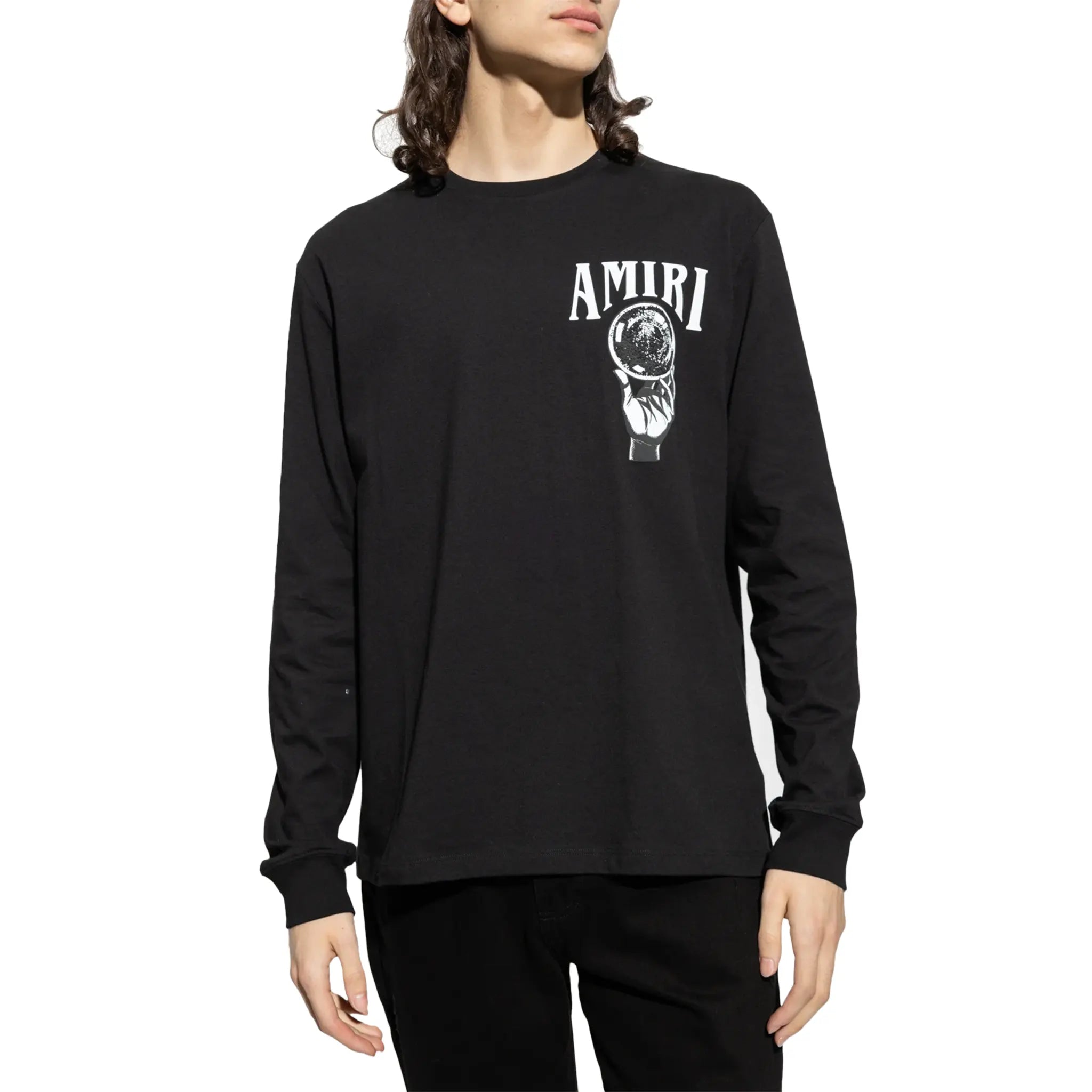 Model Front view of Amiri Crystal Ball Long Sleeve Black T Shirt PS23MJG006-001