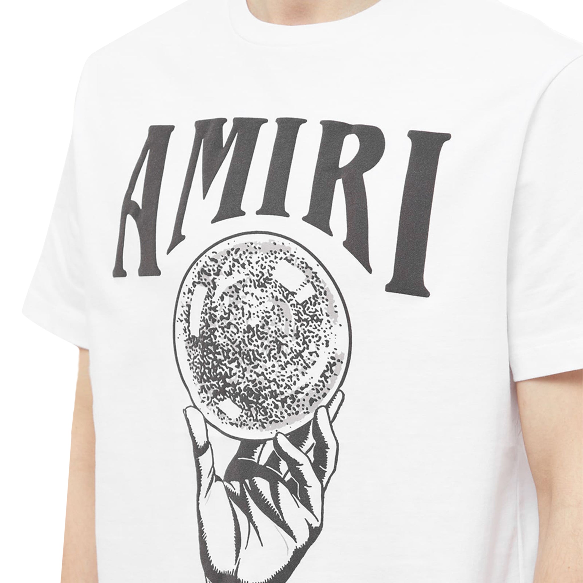 Model chest view of Amiri Crystal Ball T Shirt White PS23MJG007-100