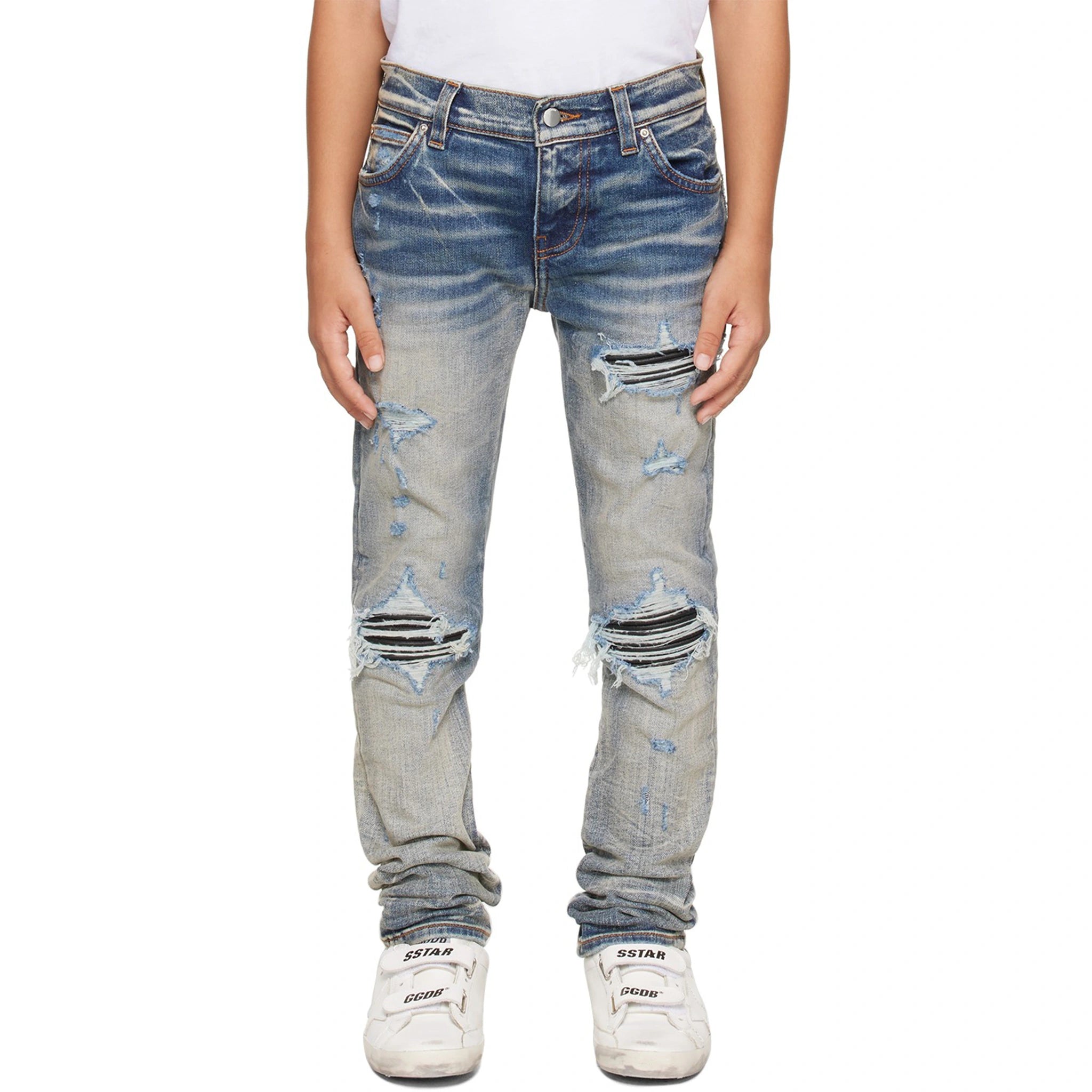 Model front view of Amiri Kids MX1 Clay Indigo Jeans PF22KDS034-408