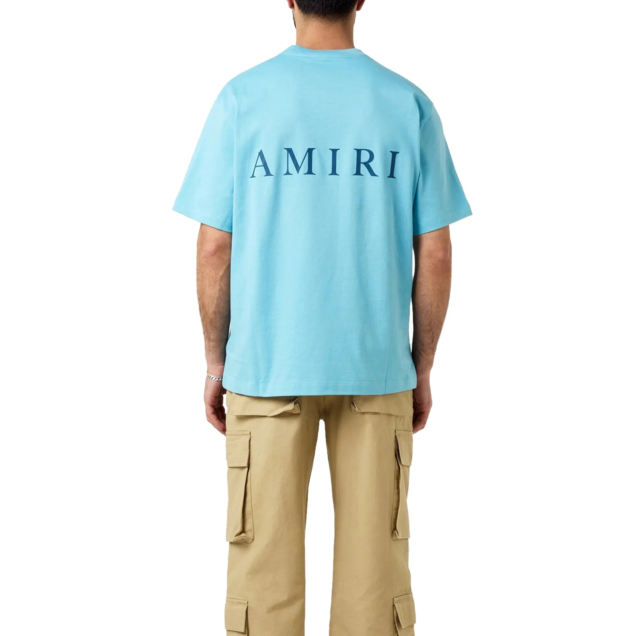 Model Back view of Amiri Logo MA Air Blue T Shirt PS24MJL038-401
