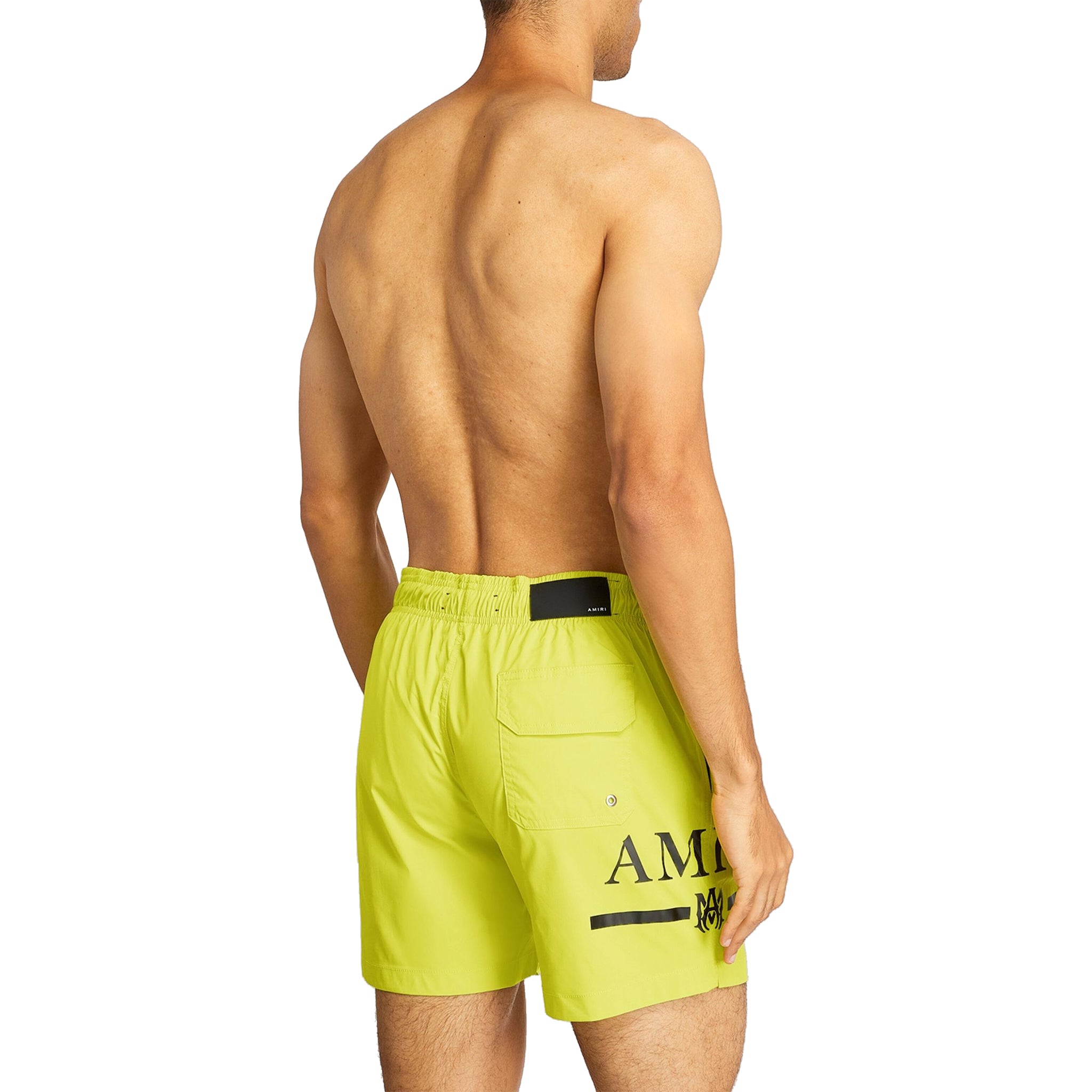 Back model view of Amiri Ma Bar Logo Swim Shorts Lime PF22MSB002-360