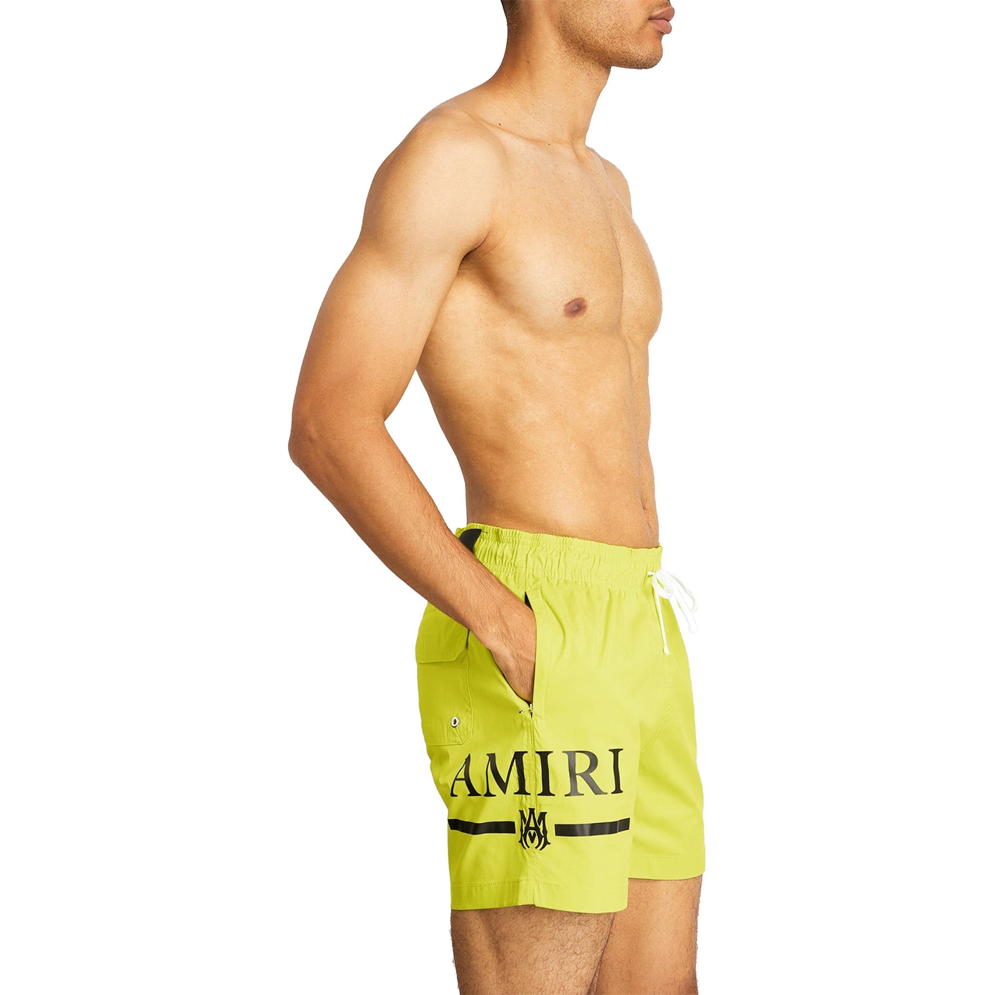 Model side model view of Amiri Ma Bar Logo Swim Shorts Lime PF22MSB002-360