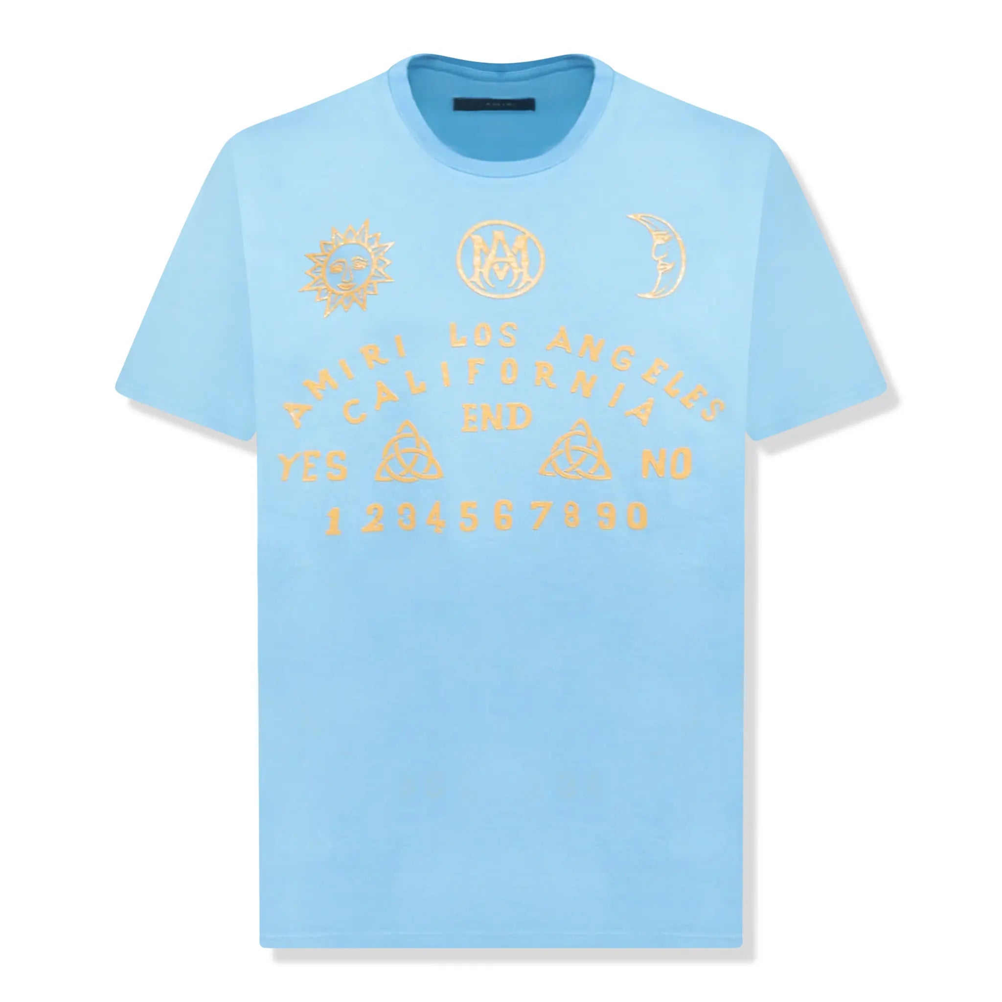 Front view of Amiri Ouija Board Carolina Blue T Shirt PS23MJG018-450