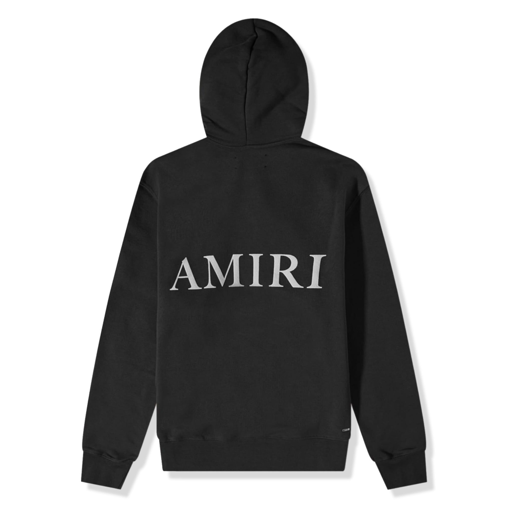 Model back view of amiri puff logo hoodie black aw22mjl011-001