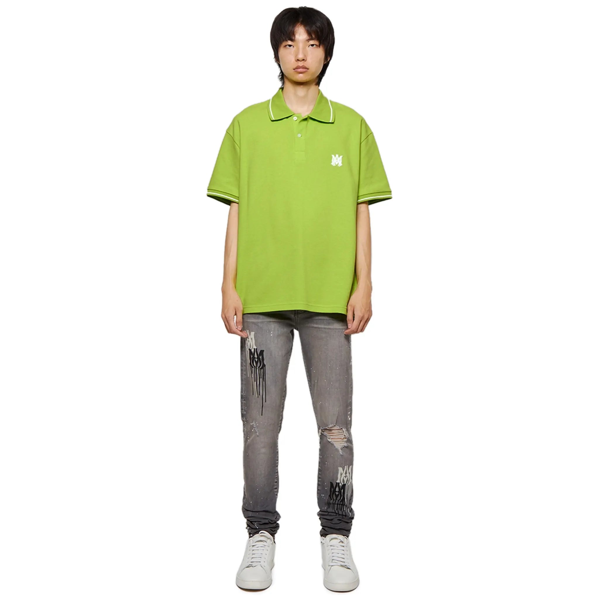 Model view of Amiri Solid Short Sleeve Green Polo Shirt PF22MSS015-360