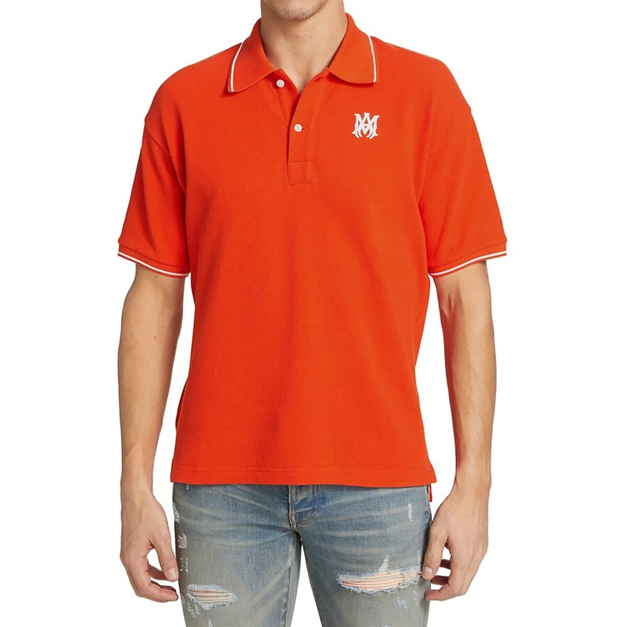 Model Front view of Amiri Solid Short Sleeve Orange Polo Shirt PF22MSS015-665