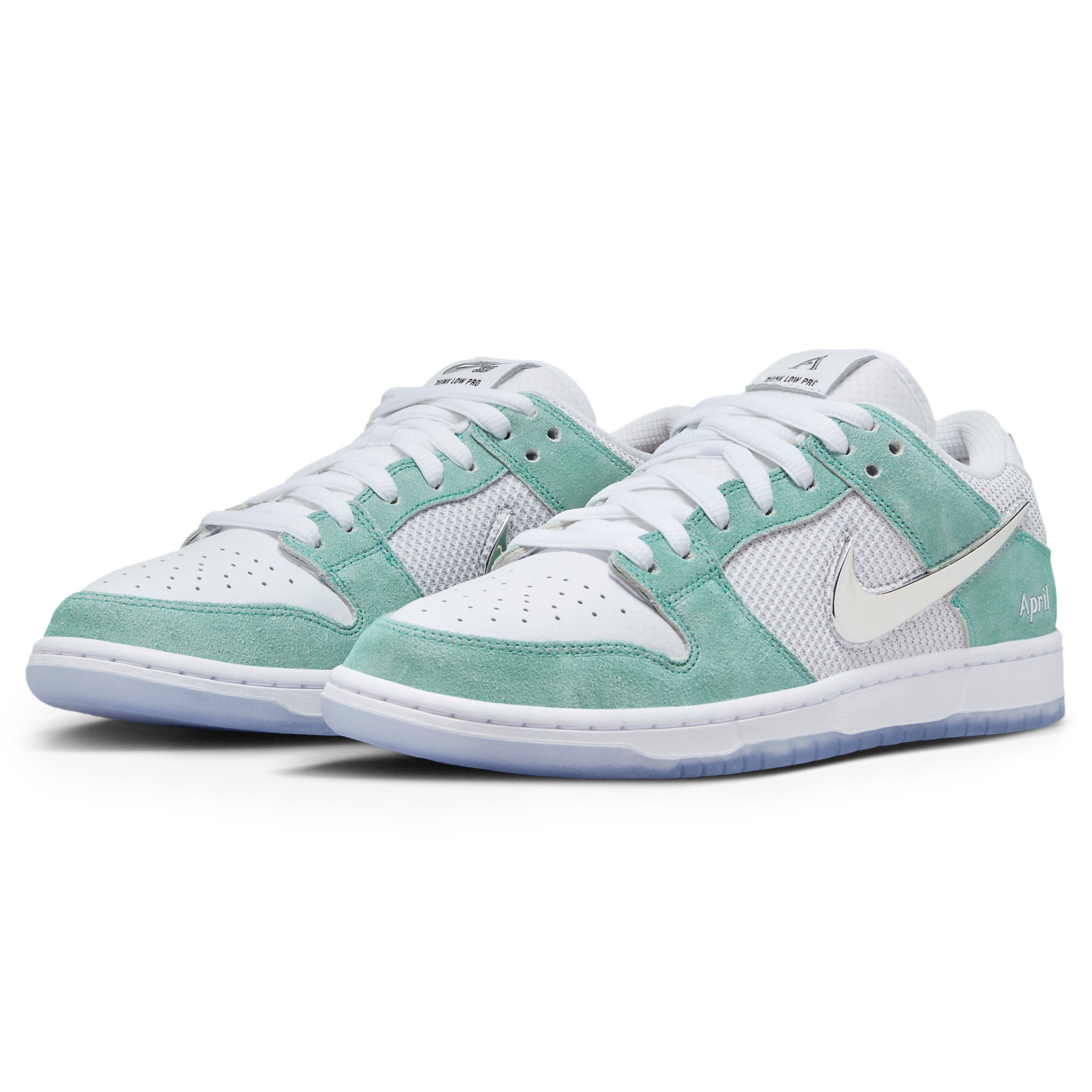 Front side view of April Skateboards x Nike SB Dunk Low Turbo Green FD2562-400