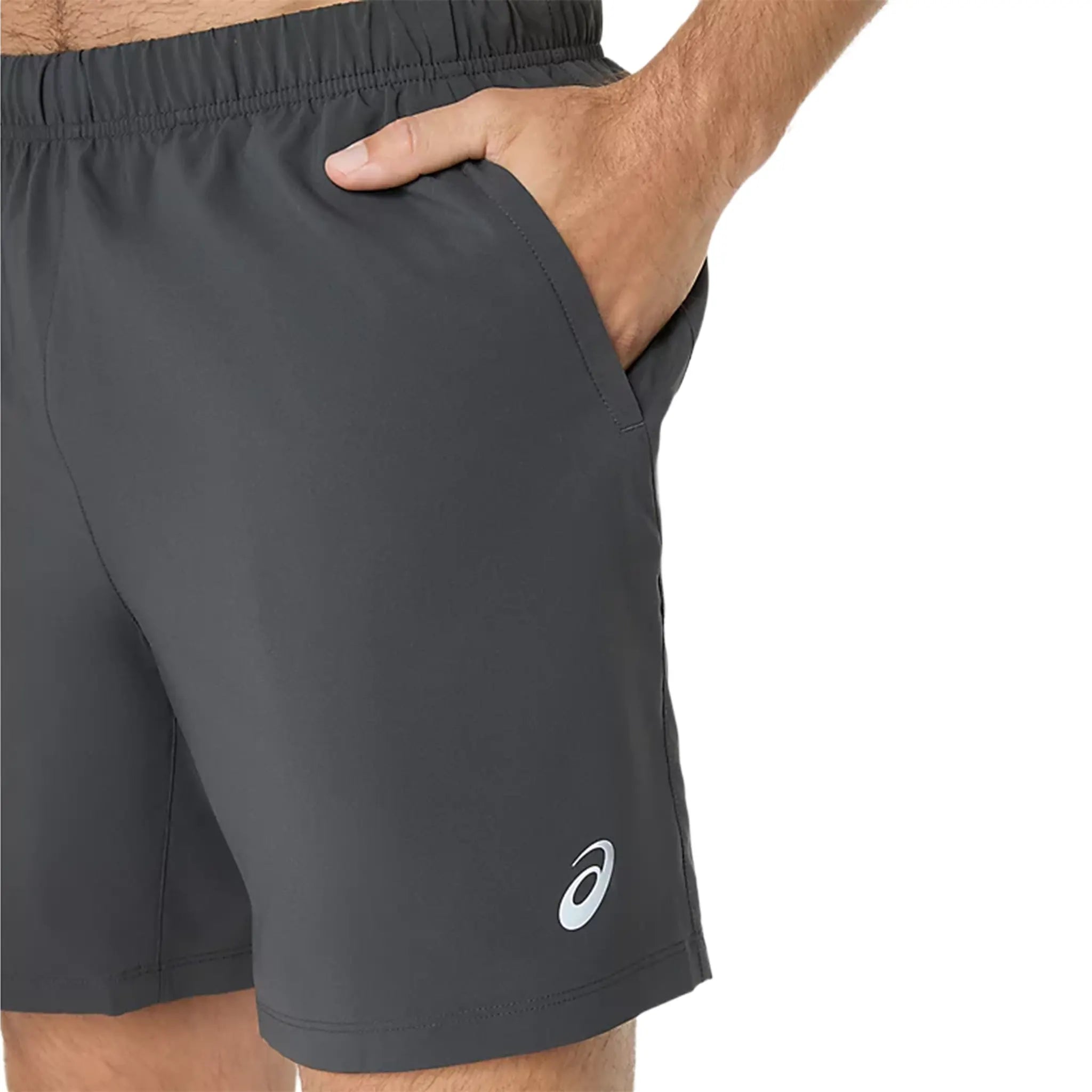 Detailed Side View of Asics Road Sport 7Inch Performance Graphite Grey Shorts 2011D246-001