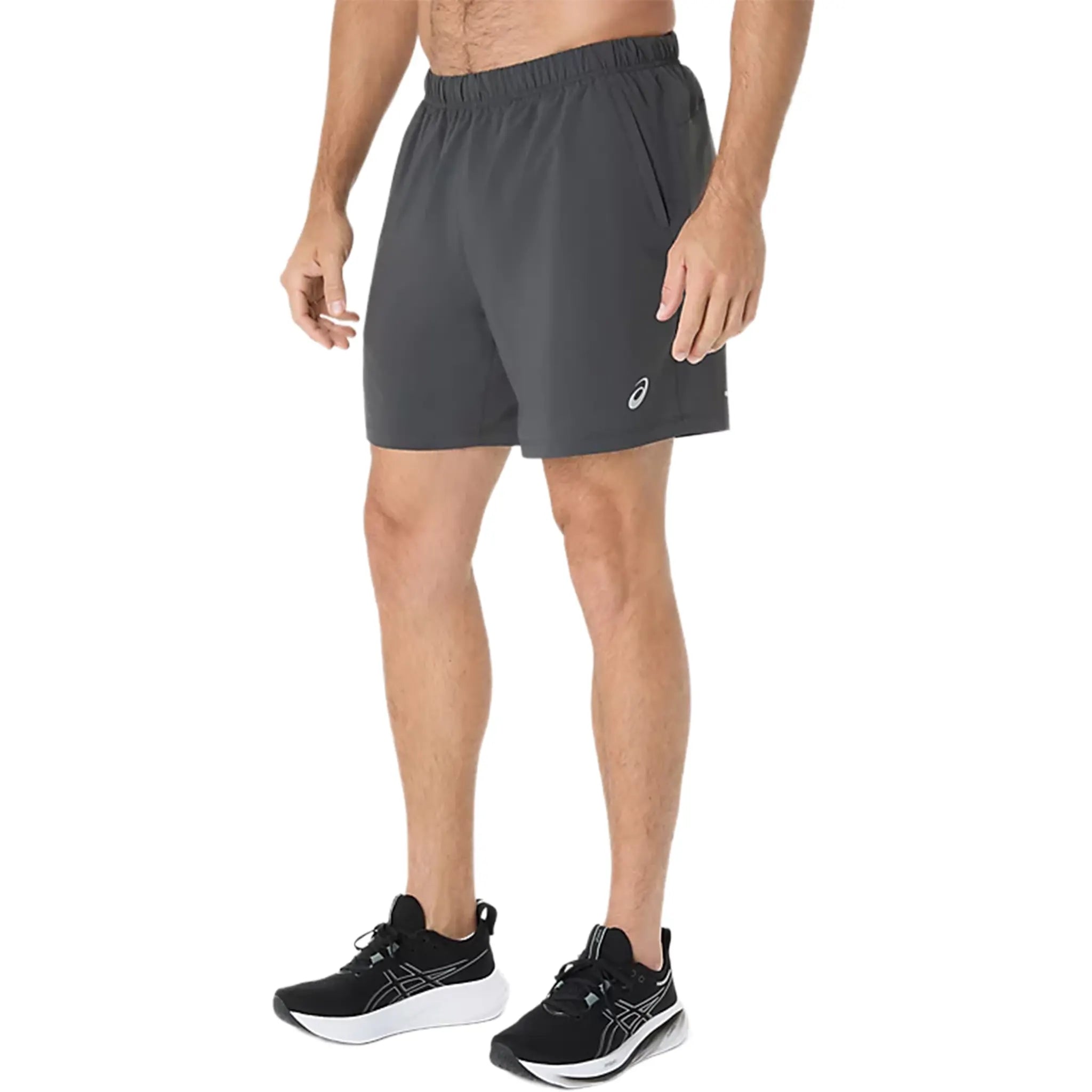 Front Side View of Asics Road Sport 7Inch Performance Graphite Grey Shorts 2011D246-001