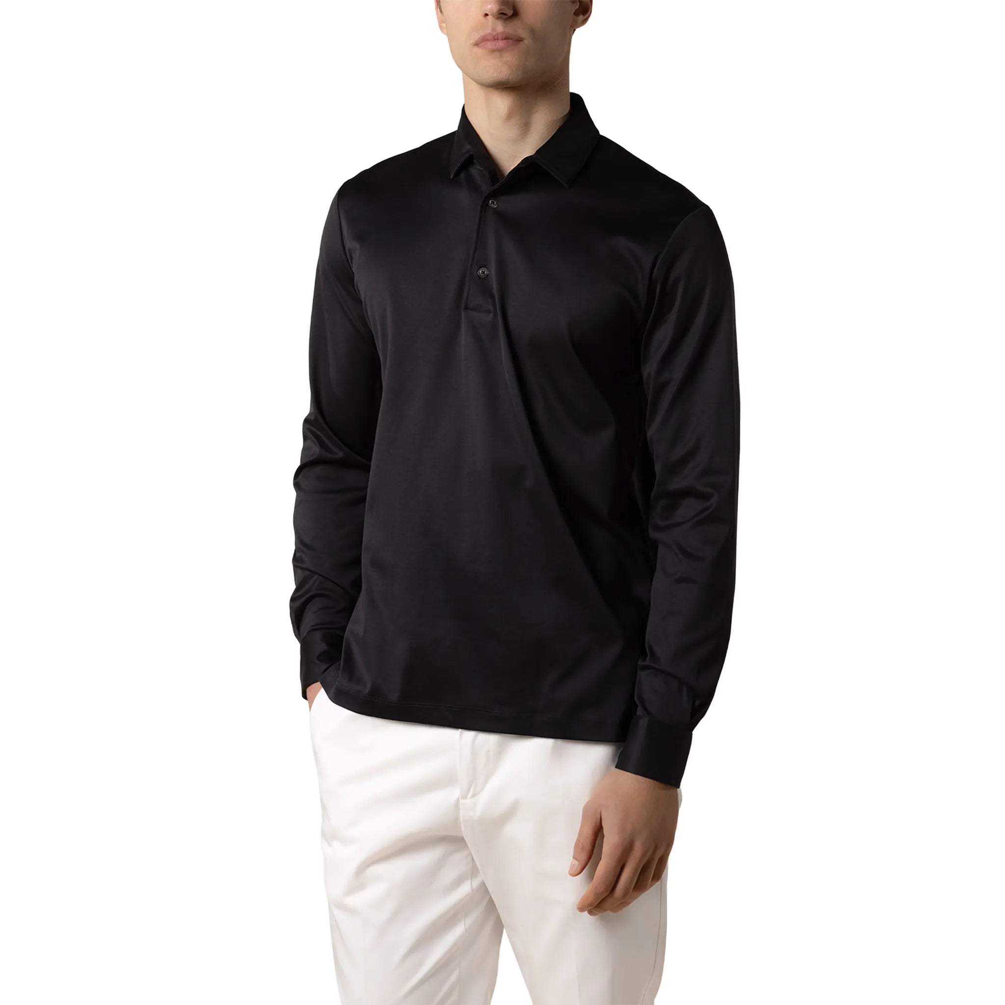 Model View of Aurélien Aur1 L/S Black Polo Shirt AUR1LSPOLOBLACK