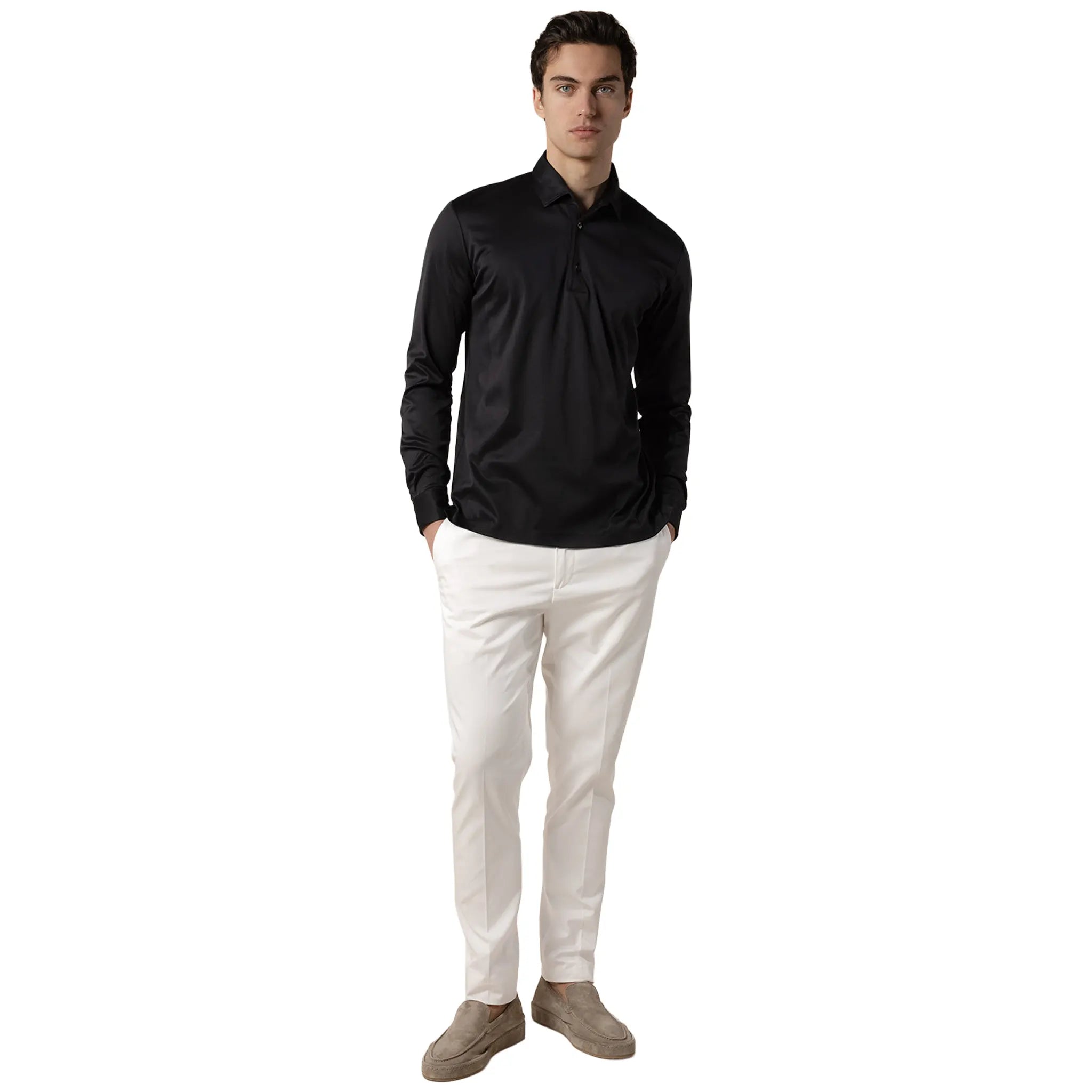 Model View of Aurélien Aur1 L/S Black Polo Shirt AUR1LSPOLOBLACK