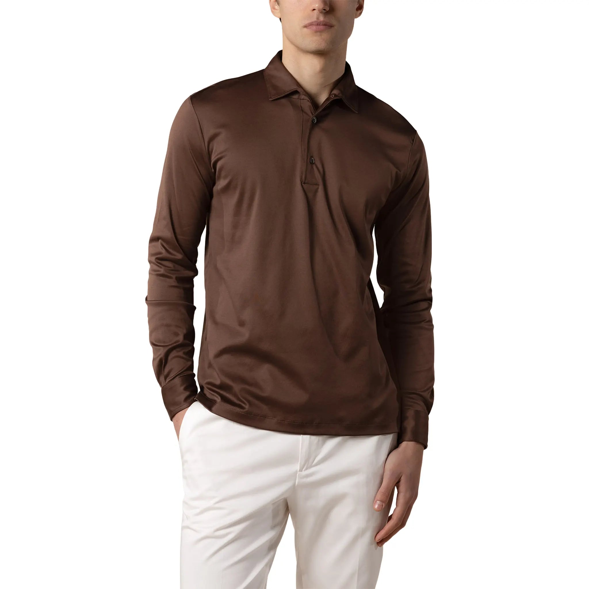 Model View of Aurélien Aur1 L/S Chocolate Polo Shirt AUR1LSPOLOCHOCOLATE