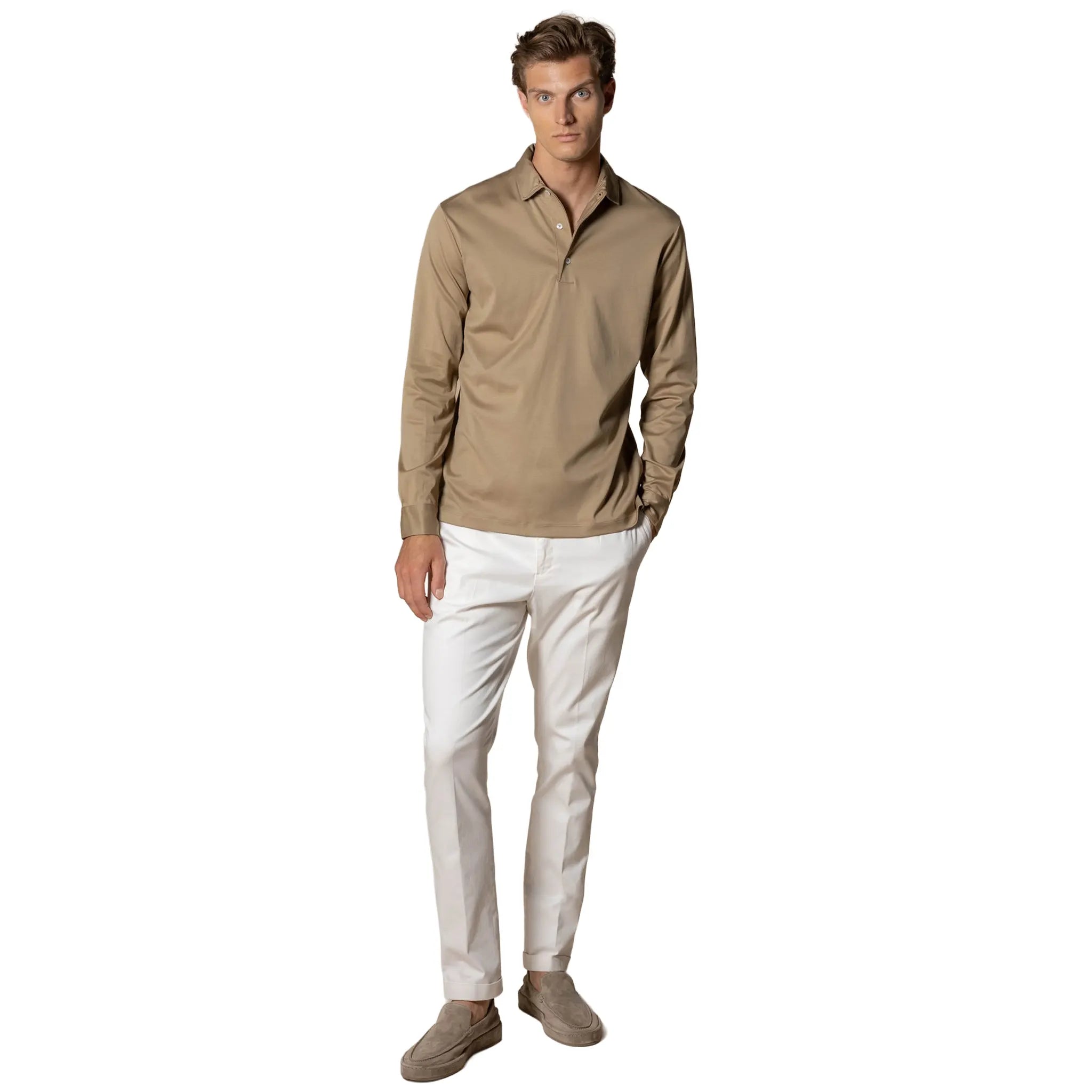 Front View of Aurélien Aur1  L/S Dark Taupe Polo Shirt