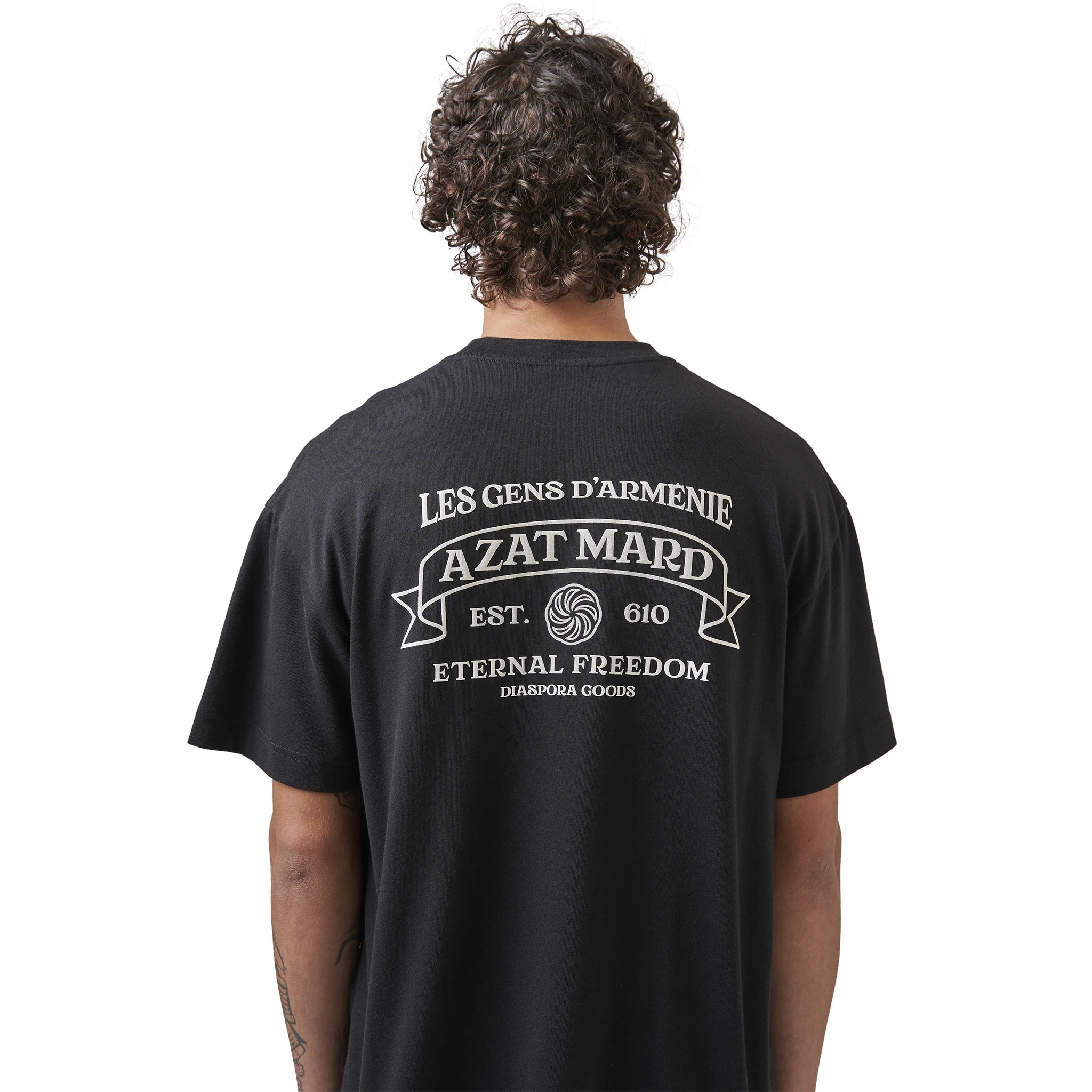 Model back view of Azat Mard Eternal Freedom T Shirt Black FW23018