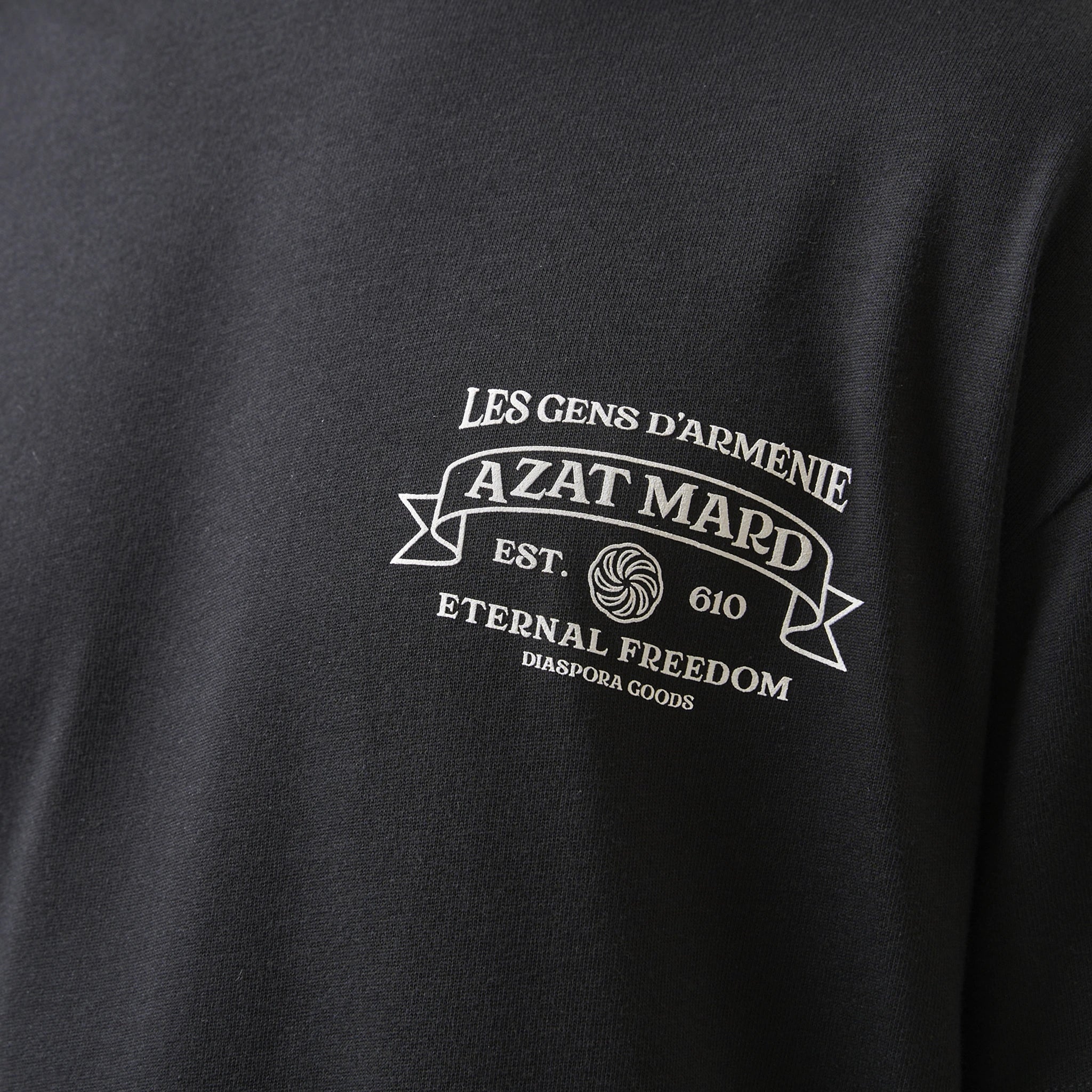 Model chest view of Back view of Azat Mard Eternal Freedom T Shirt Black FW23018