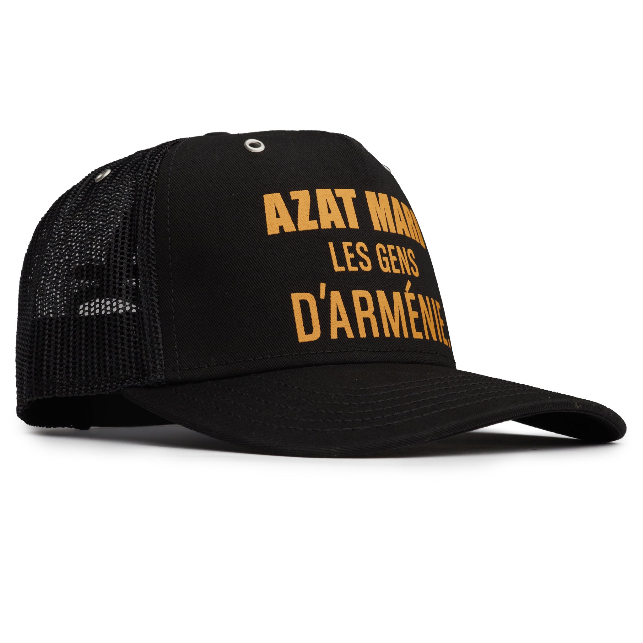Side view of Azat Mard Les Gens Trucker Cap Black JF03456