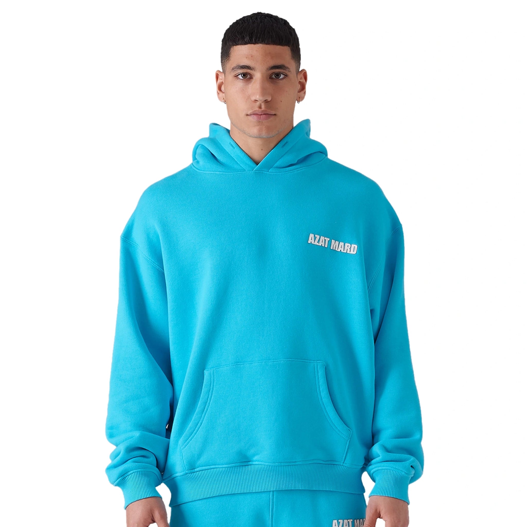 Model front view of Azat Mard Turquoise Hoodie MW21S159
