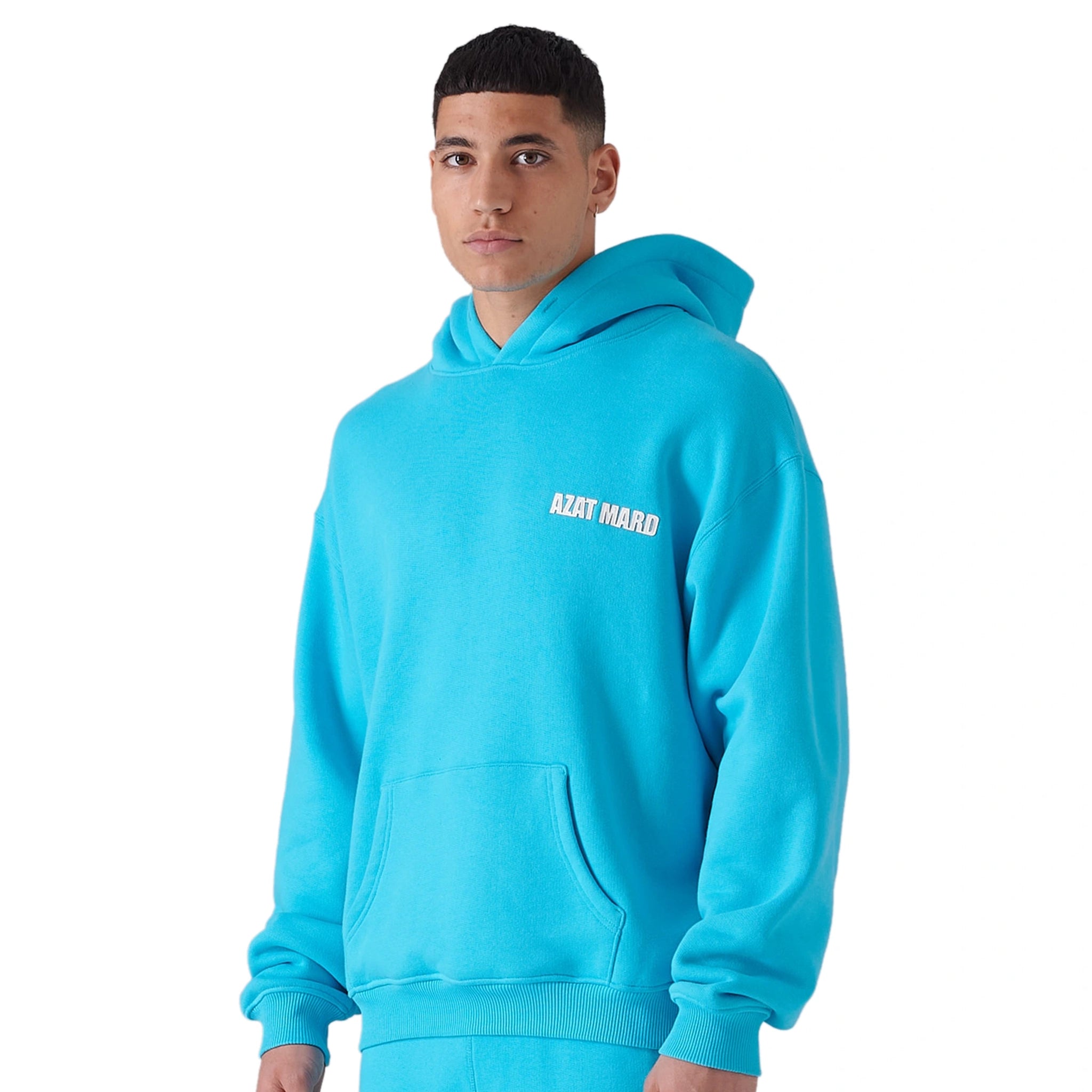 Model side view of Azat Mard Turquoise Hoodie MW21S159