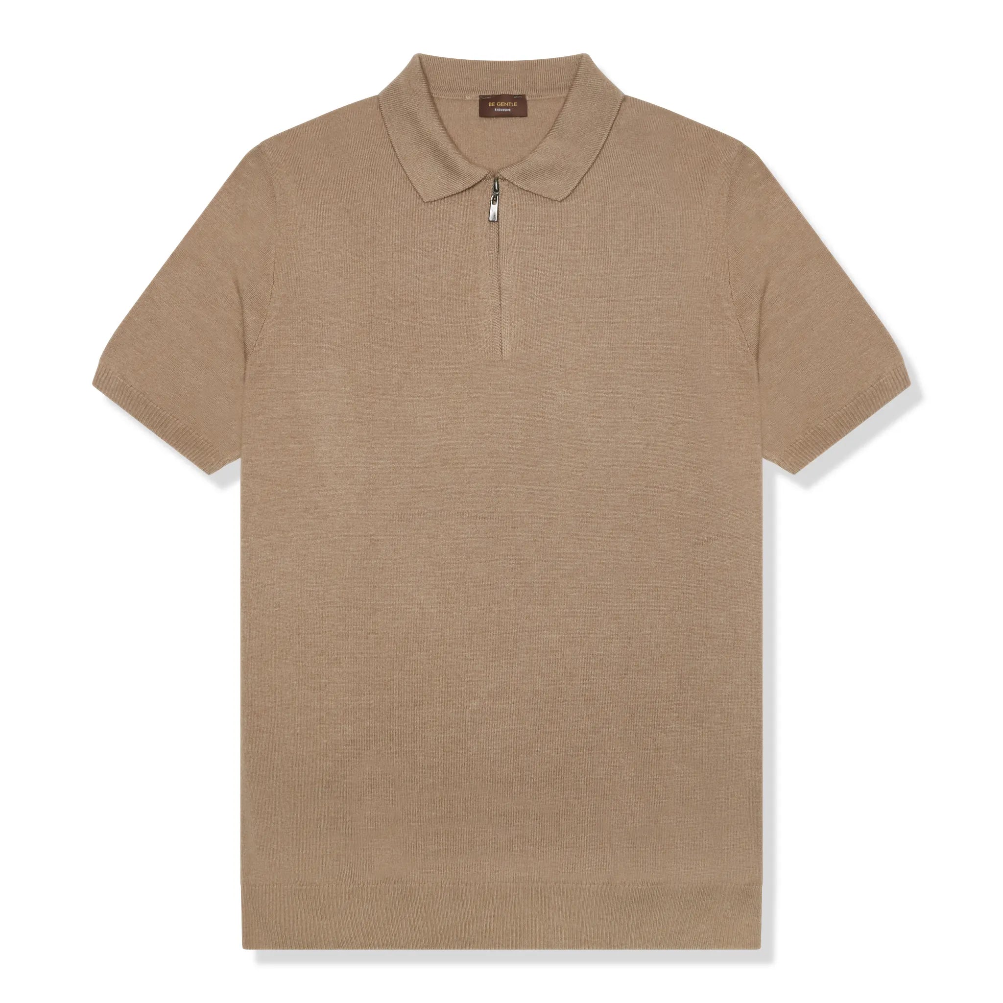 Front View of Be Gentle Half Zip Beige Polo Shirt