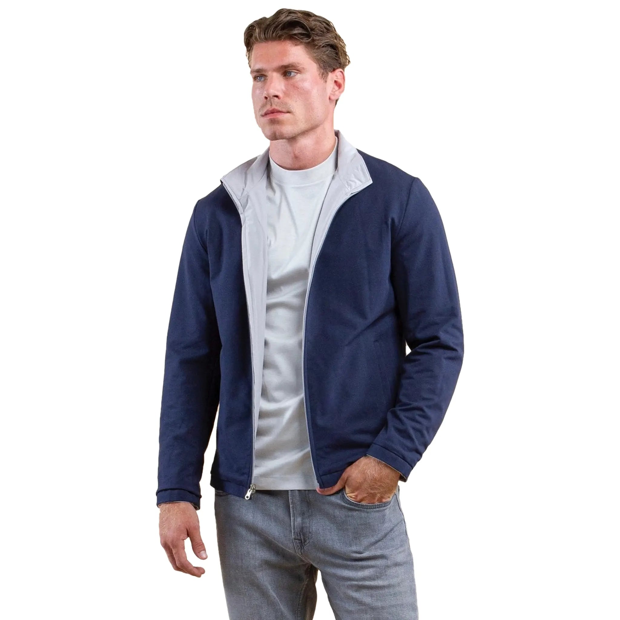 Front View of Be gentle reversible Navy Grey Bomber Jacket