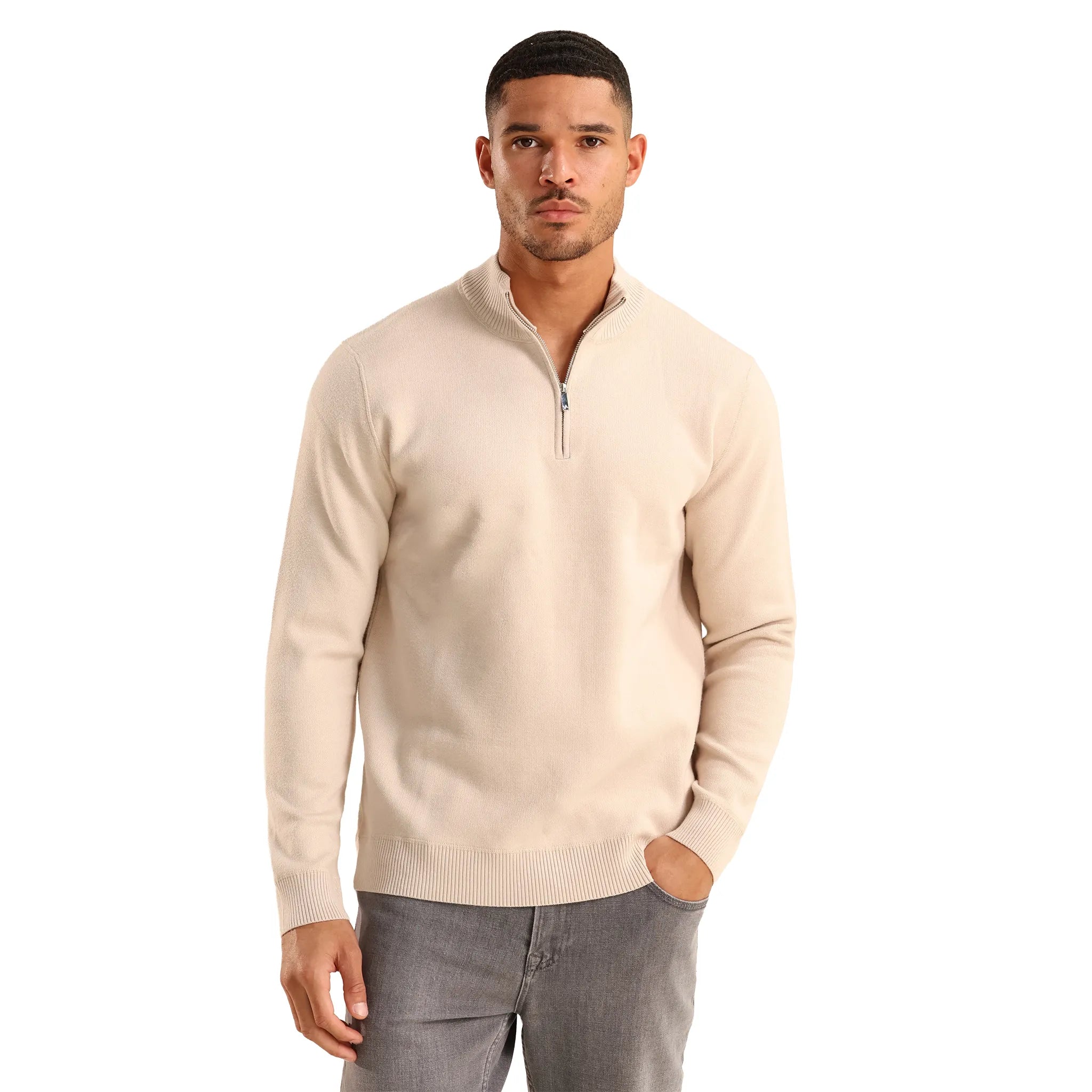 Front View of Be Gentle Soft Touch Beige Knit 1/2 Zip