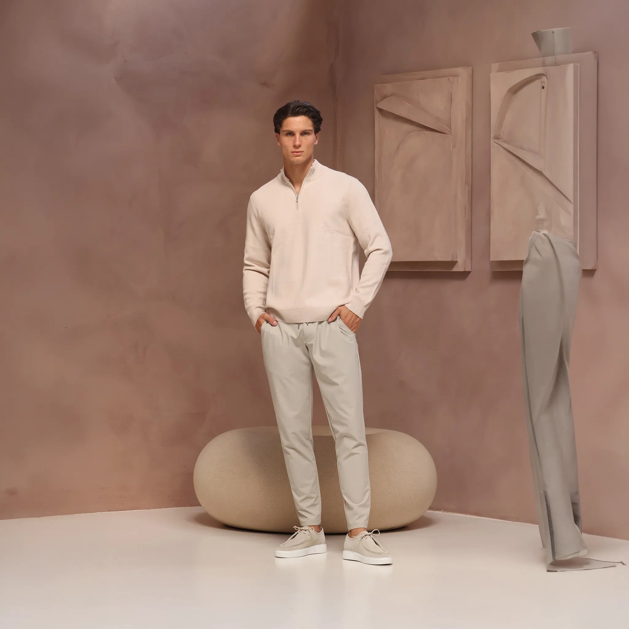 Front View of Be Gentle Soft Touch Beige Knit 1/2 Zip