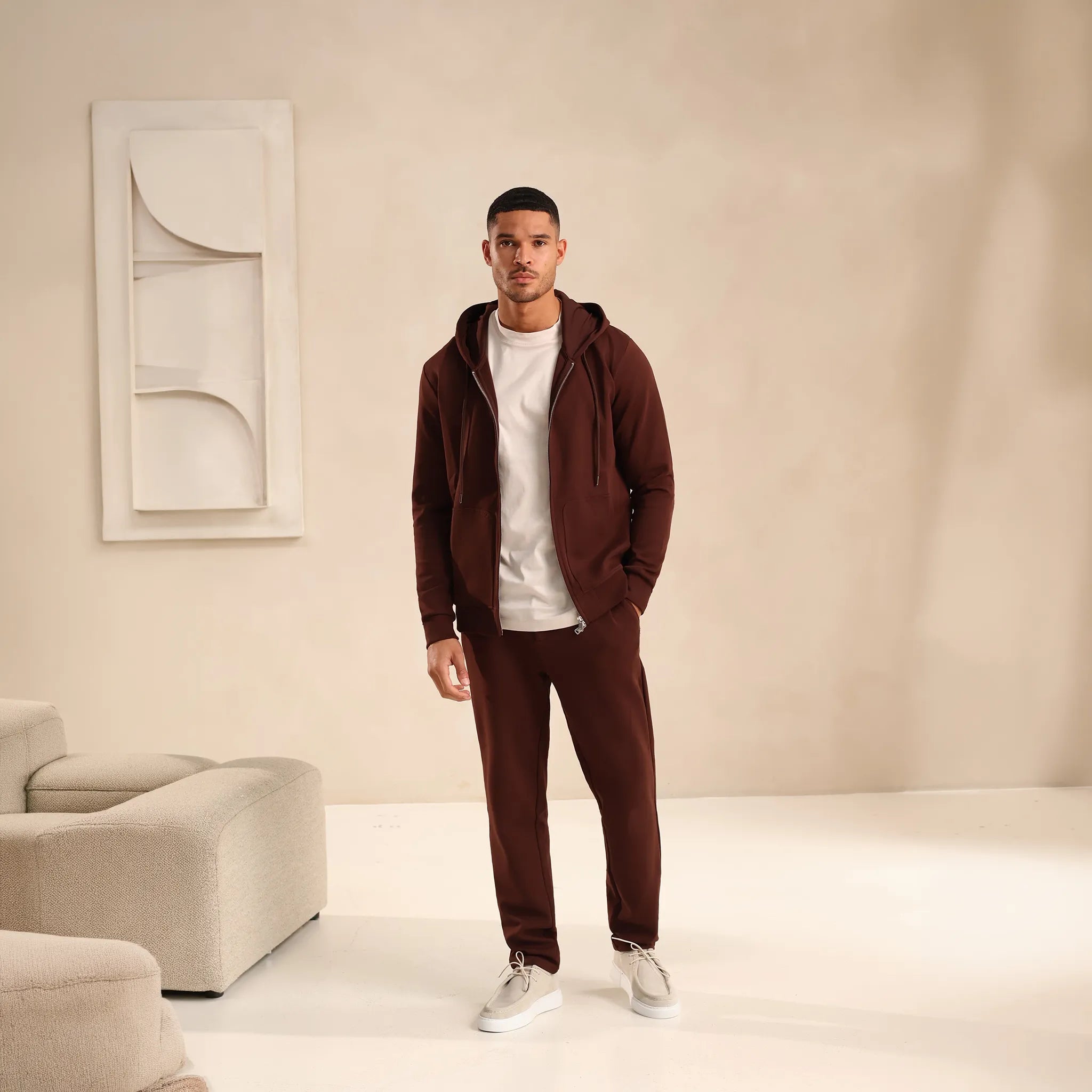 Front View of Be Gentle Sunday Essentials Dark Brown Zip-Up Hoodie