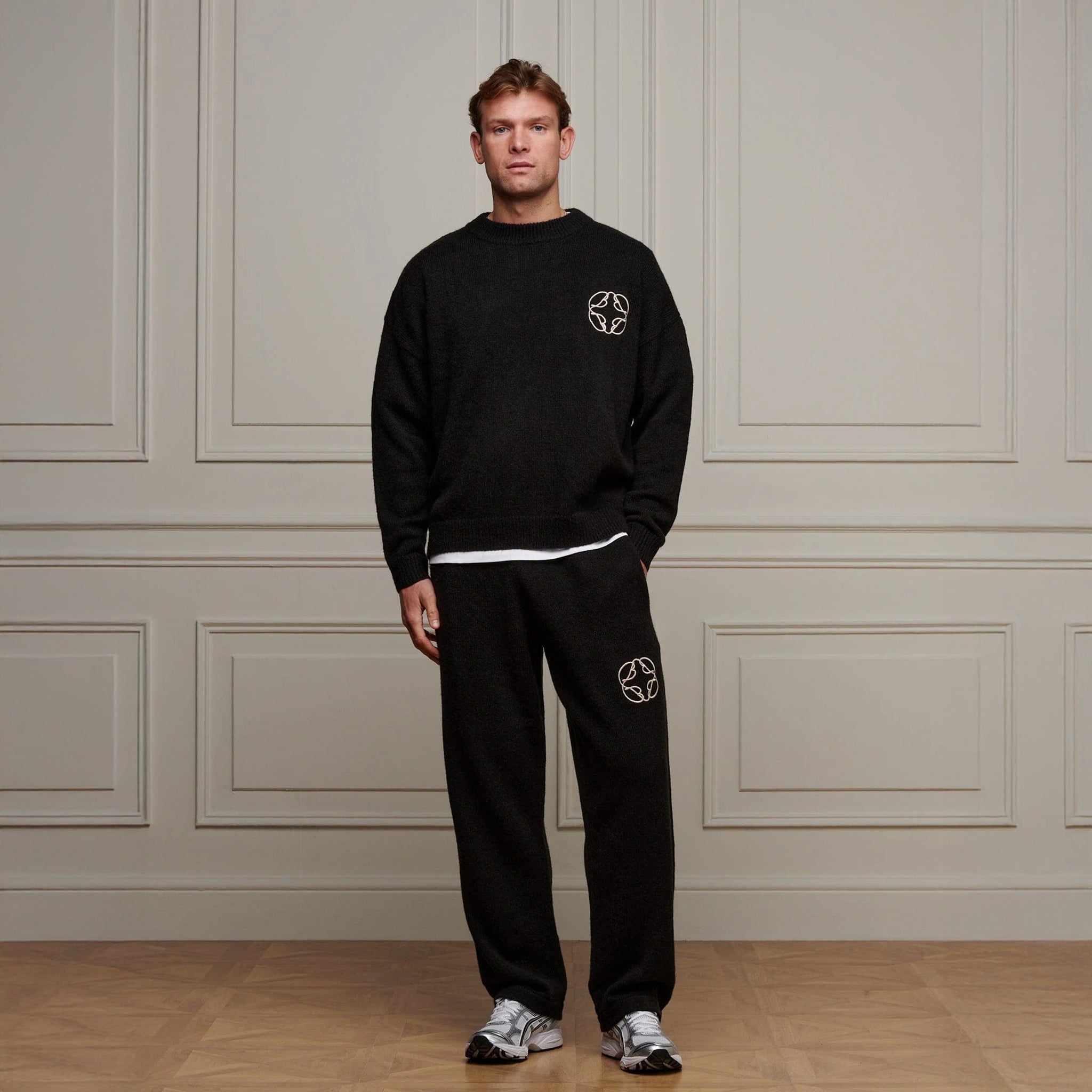 Full Front View of Belier Black Mohair Knit Sweatpants