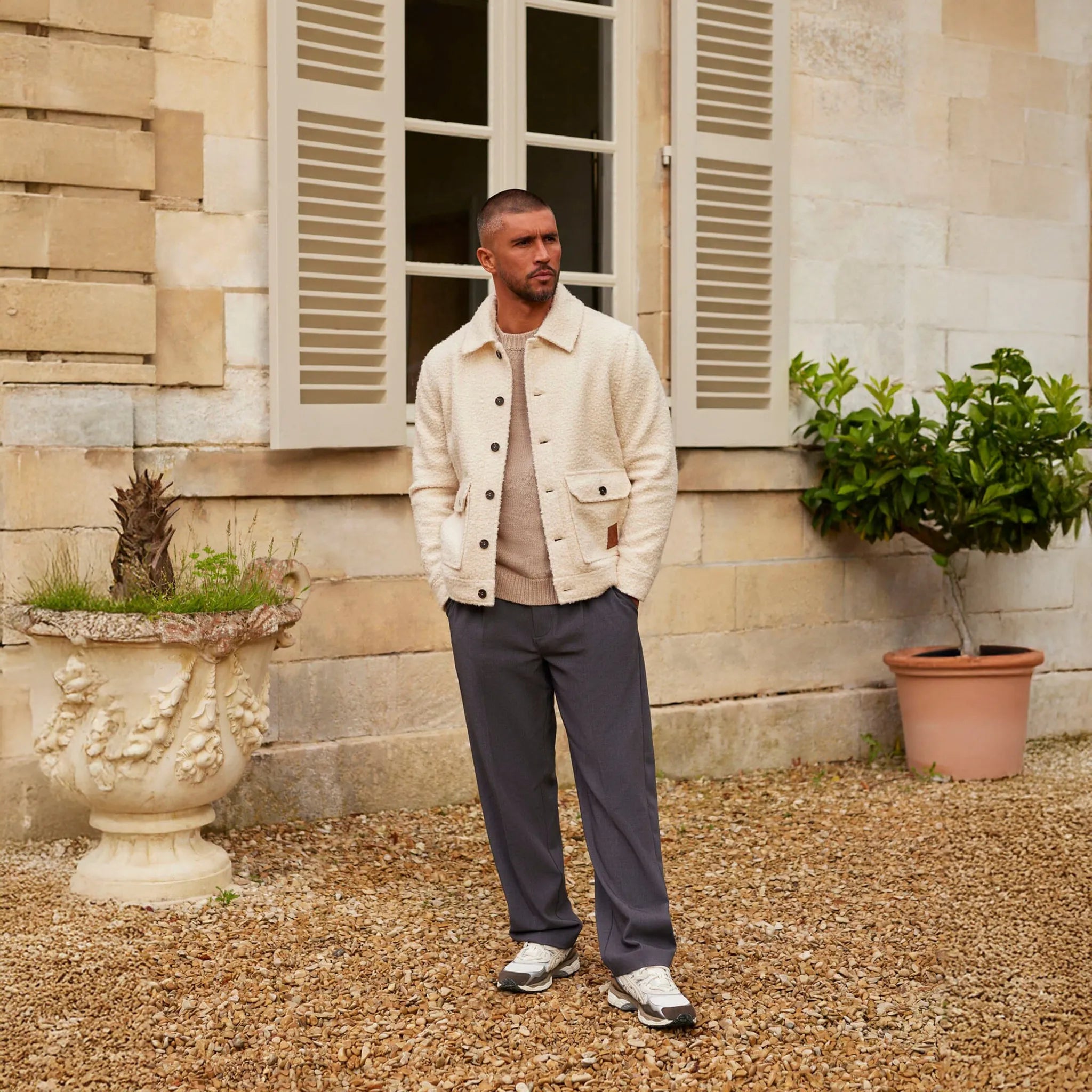 Front View of Belier Boucle Ecru Wool Jacket BM390ECR