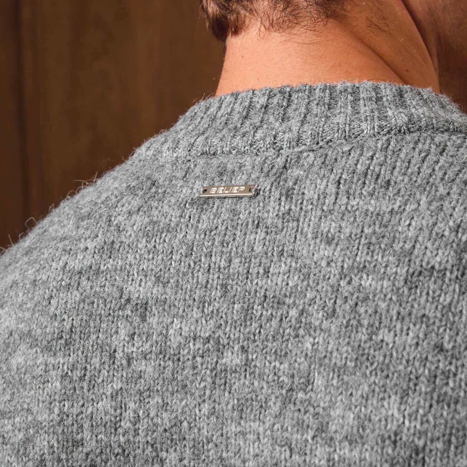 Detailed Back View of Belier Knitted Bomber Grey Jacket BM767GRY