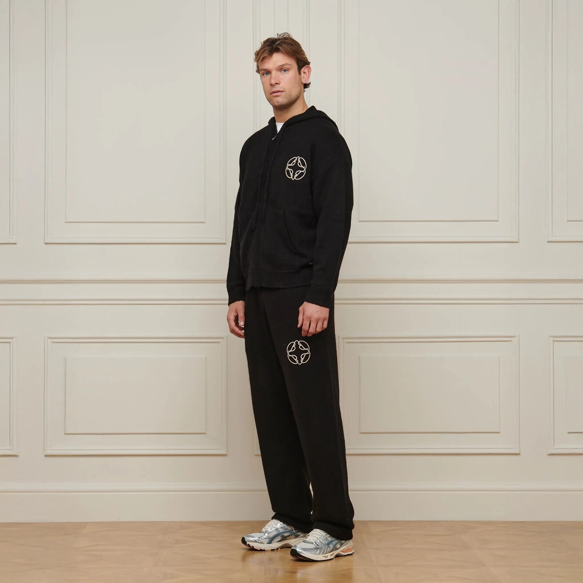 Model Front Side View of Belier Mohair Knit Black Hoodie