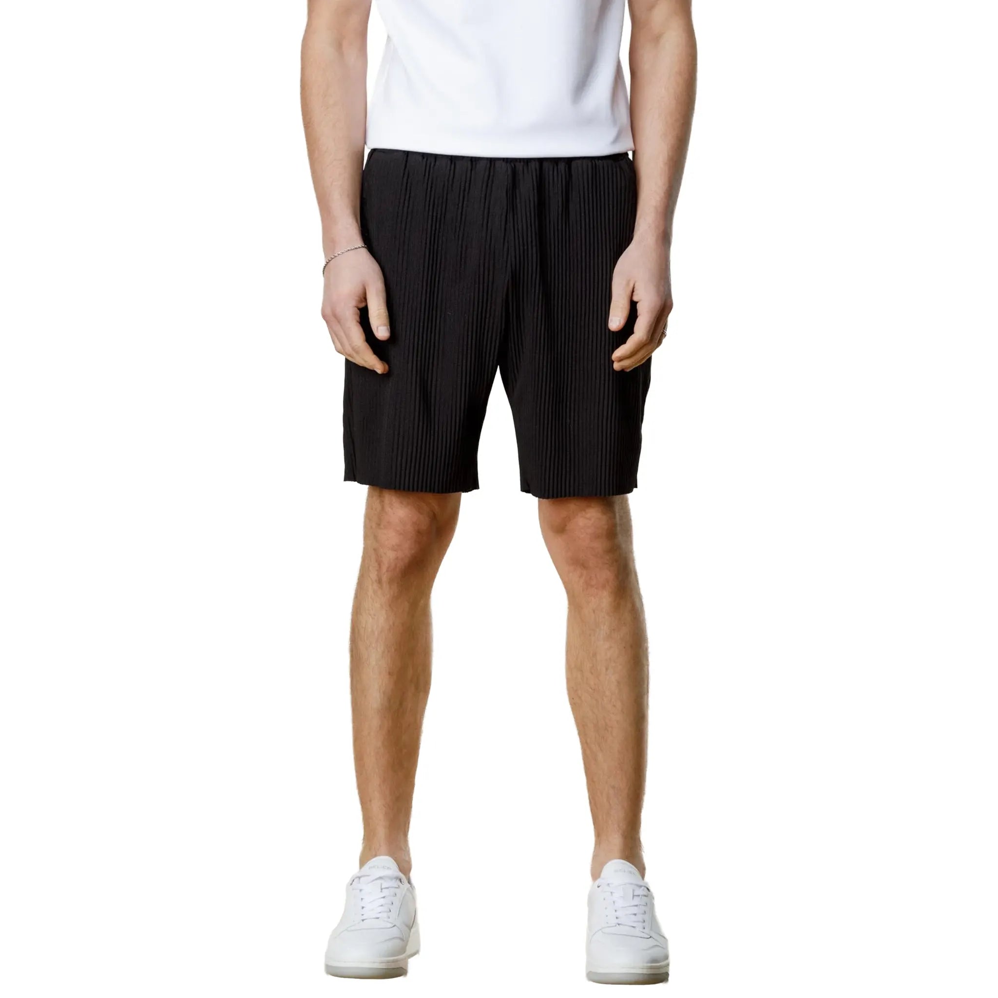 Front View of Belier Pleated Black Shorts