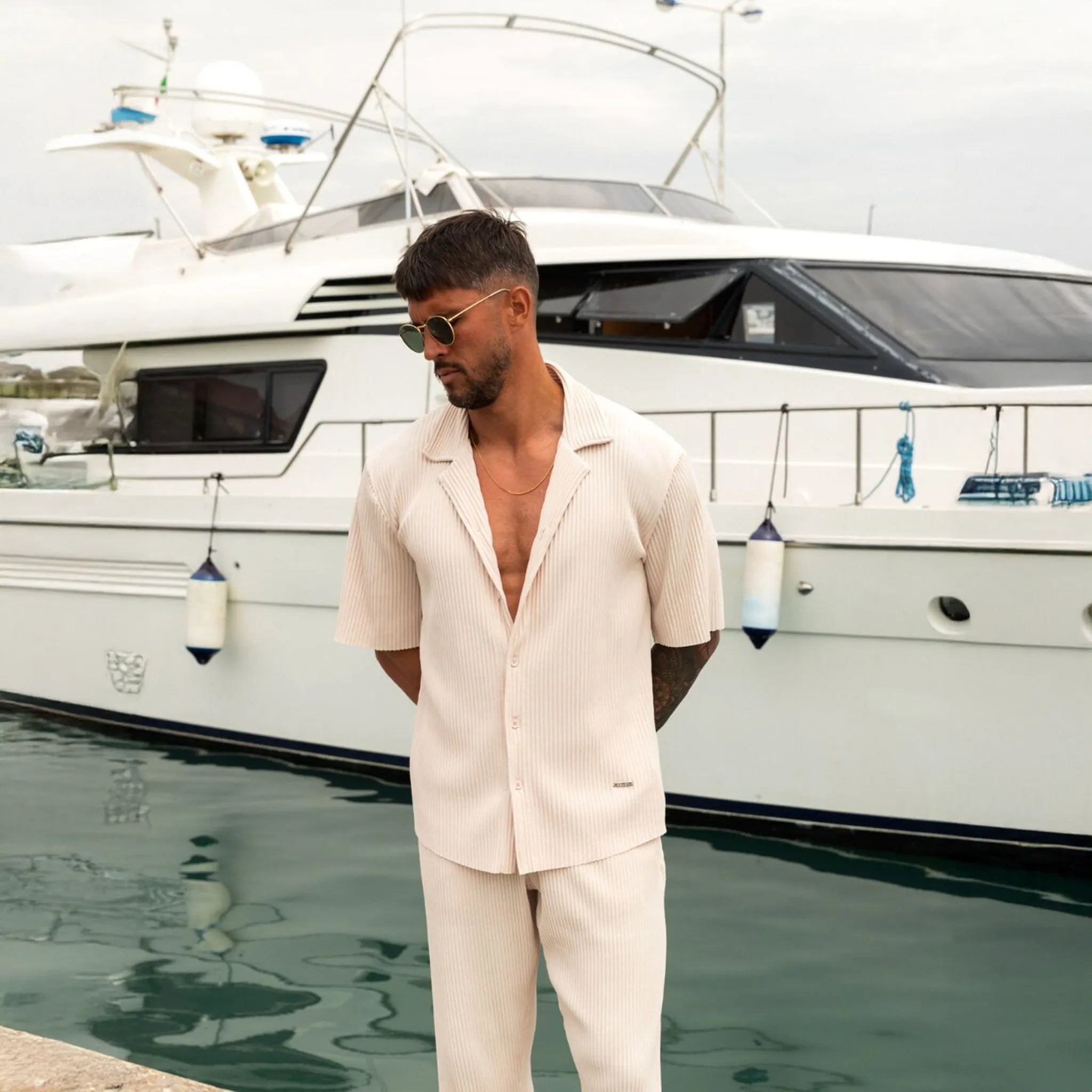 Front View of Belier Pleated Resort S/S Ecru Shirt