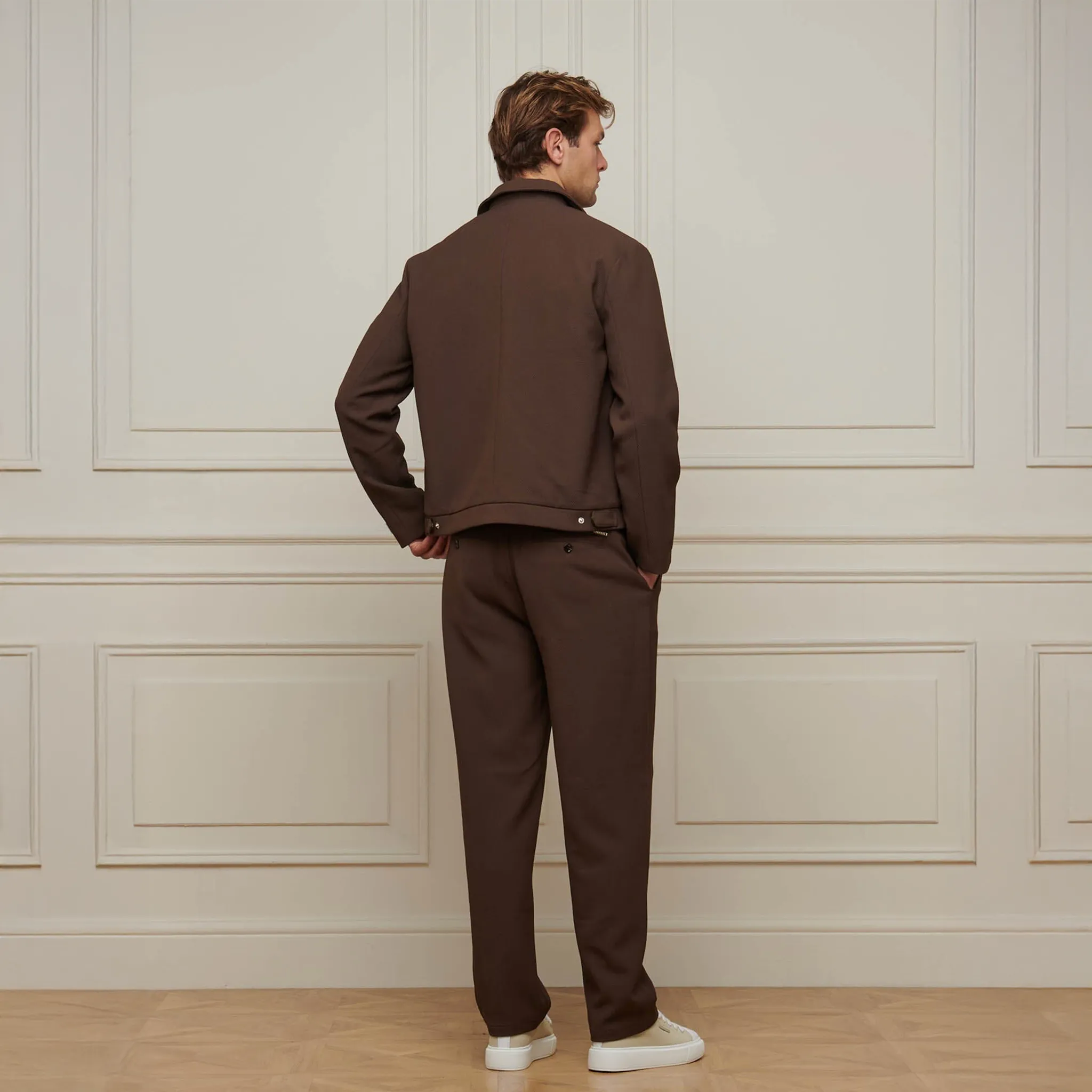 Back View of Belier Smart Textured Smart Brown Zip-Up Jacket BM827BRN