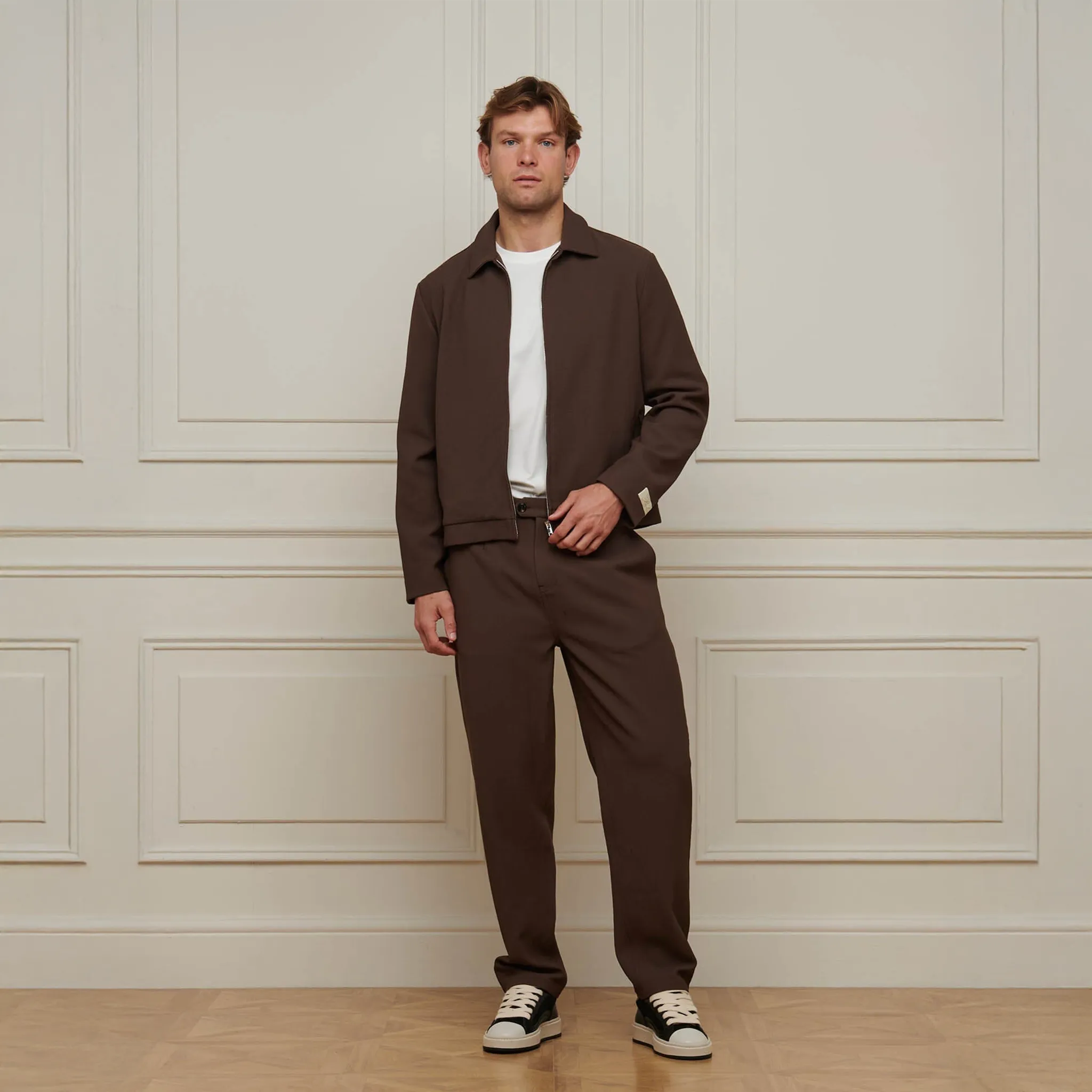 Front View of Belier Smart Textured Smart Brown Zip-Up Jacket BM827BRN