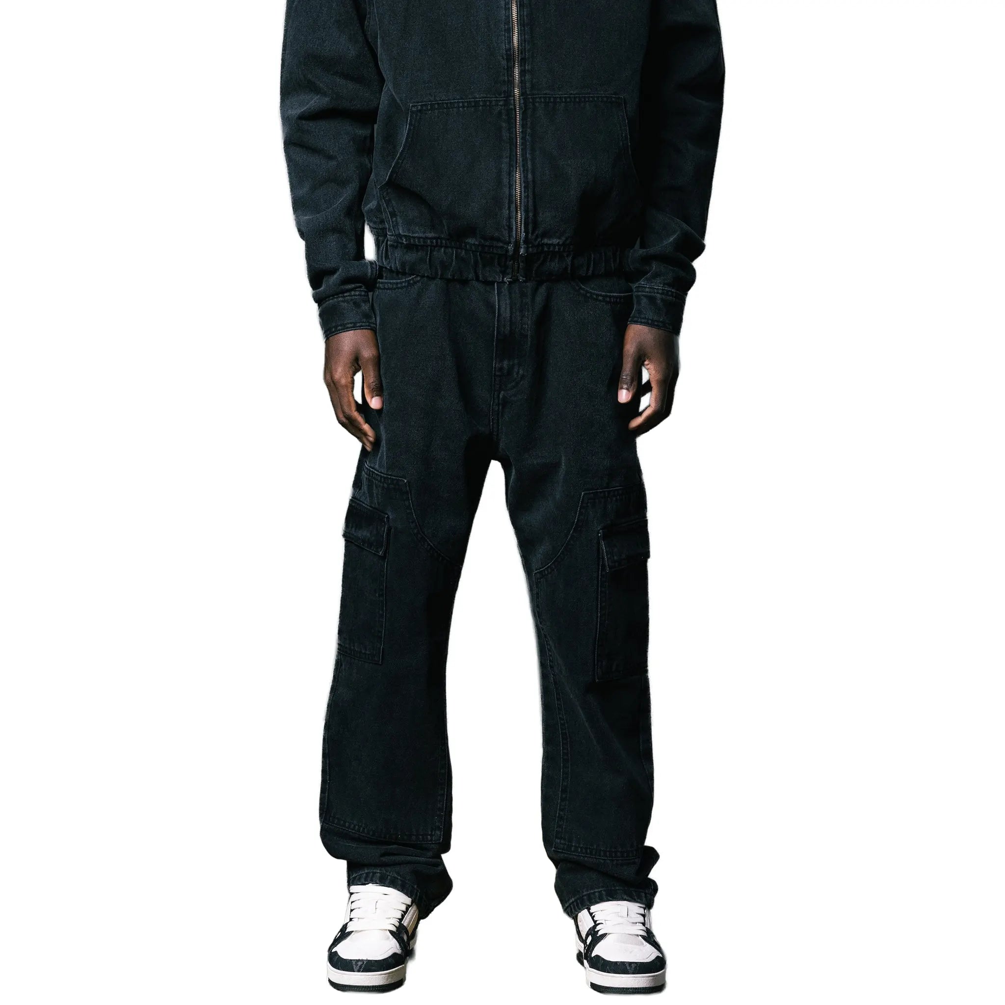 Front View of Bénir Clothing Cargo Carpenter Black Jeans CARPPOCK-CHAR