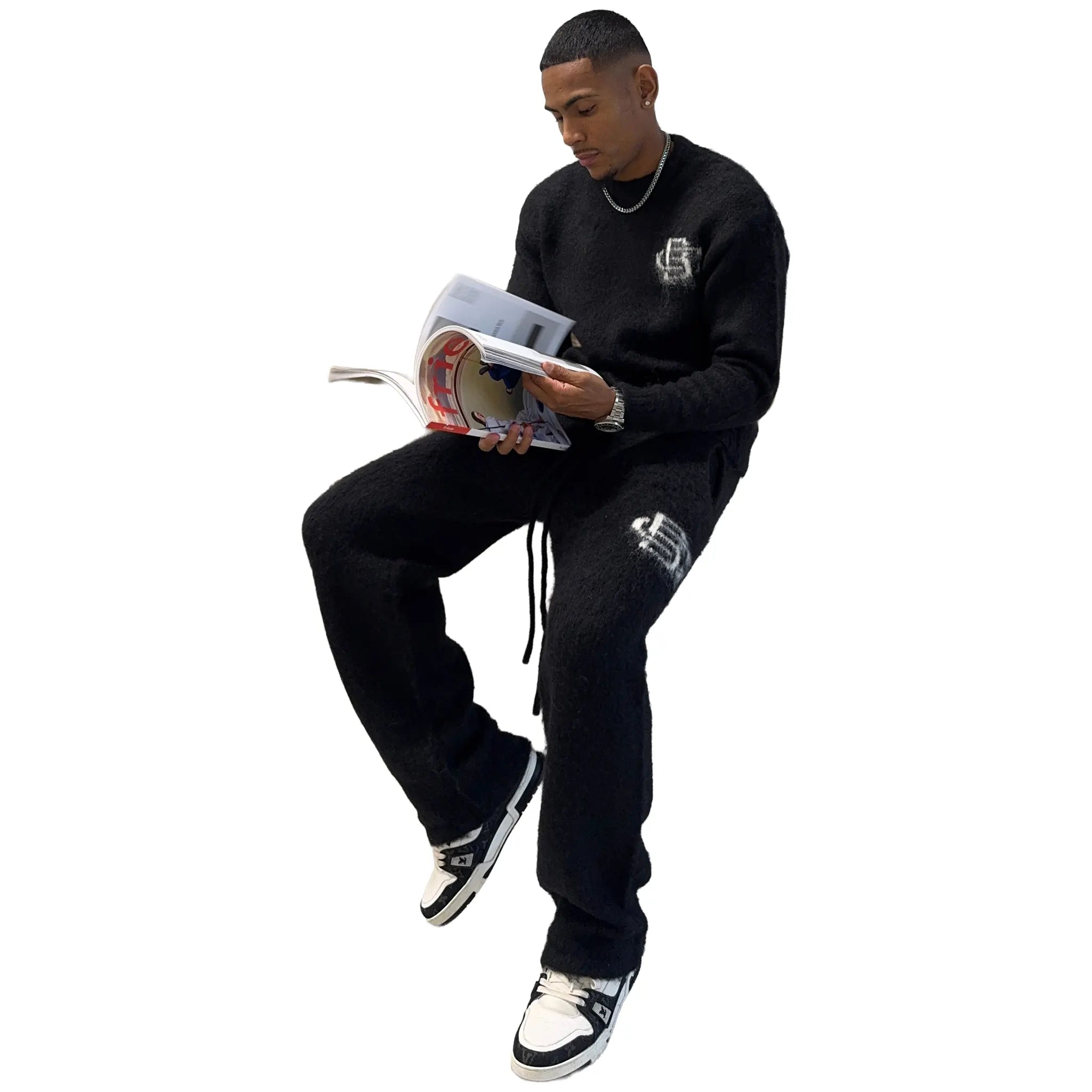 Model View of Bénir Clothing Mohair Knit BC Black Sweatshirt MOJUMPBLK