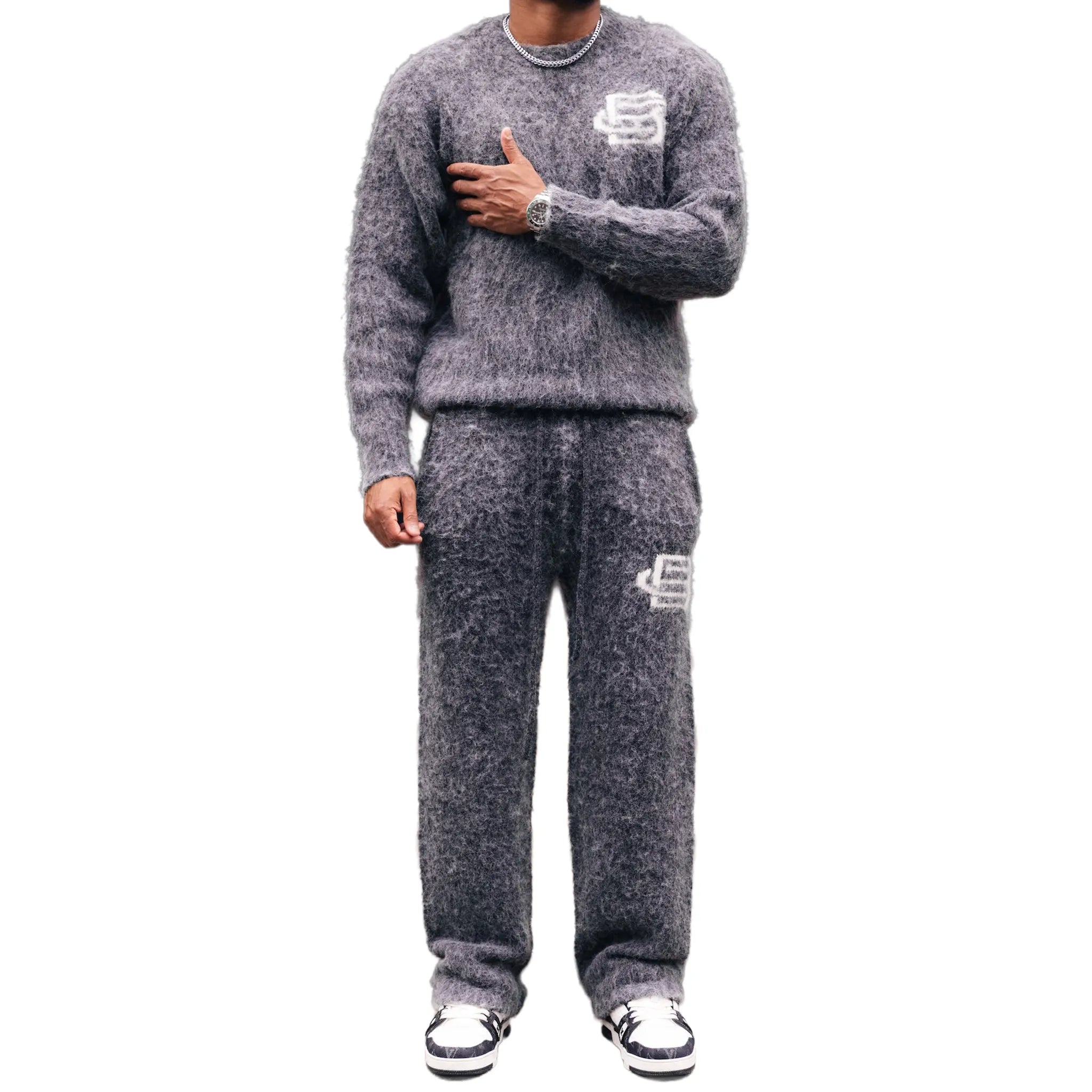 Front View of Bénir Clothing Mohair Knit BC Charcoal Sweatshirt MOJUMPCHAR