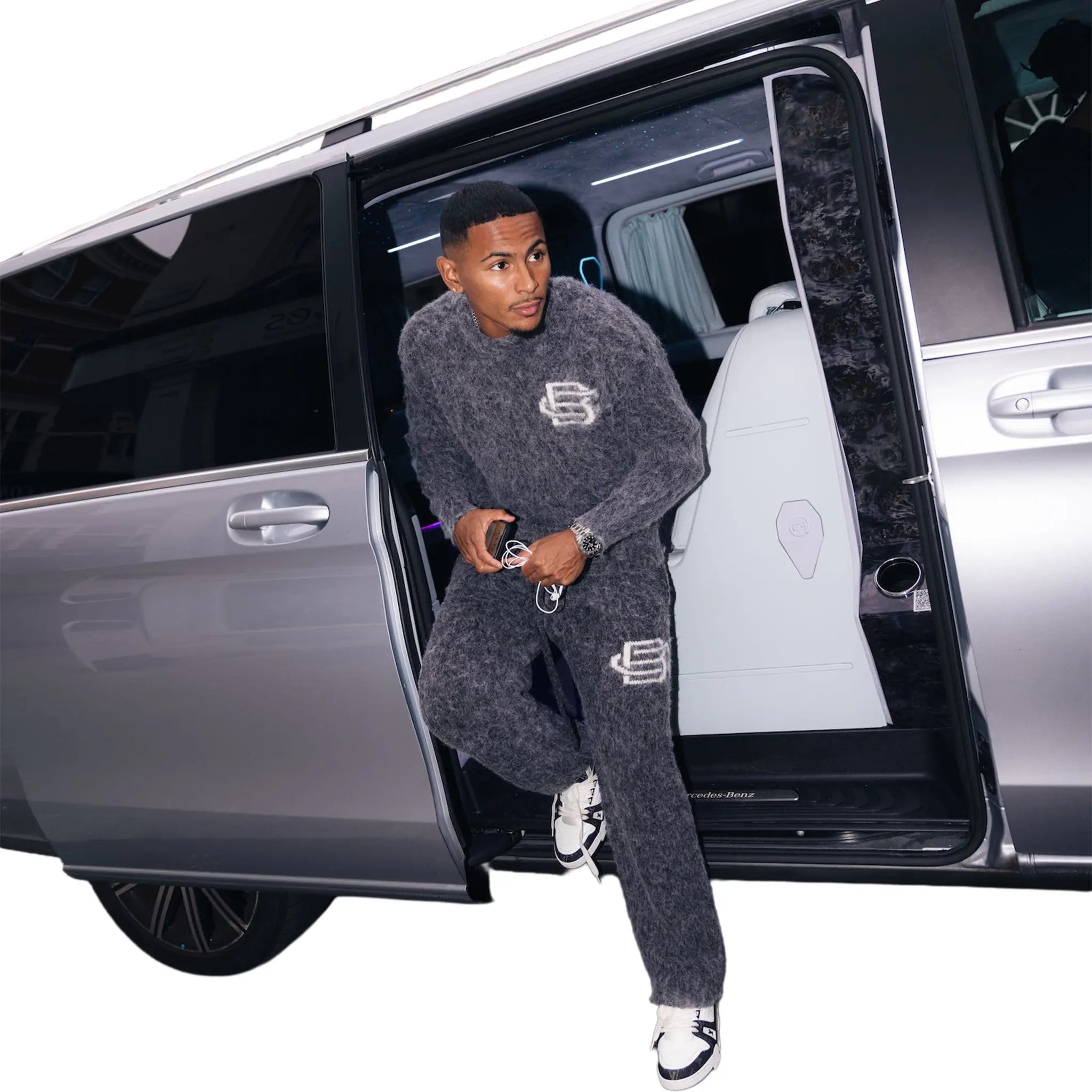 Model View of Bénir Clothing Mohair Knit BC Charcoal Sweatshirt MOJUMPCHAR