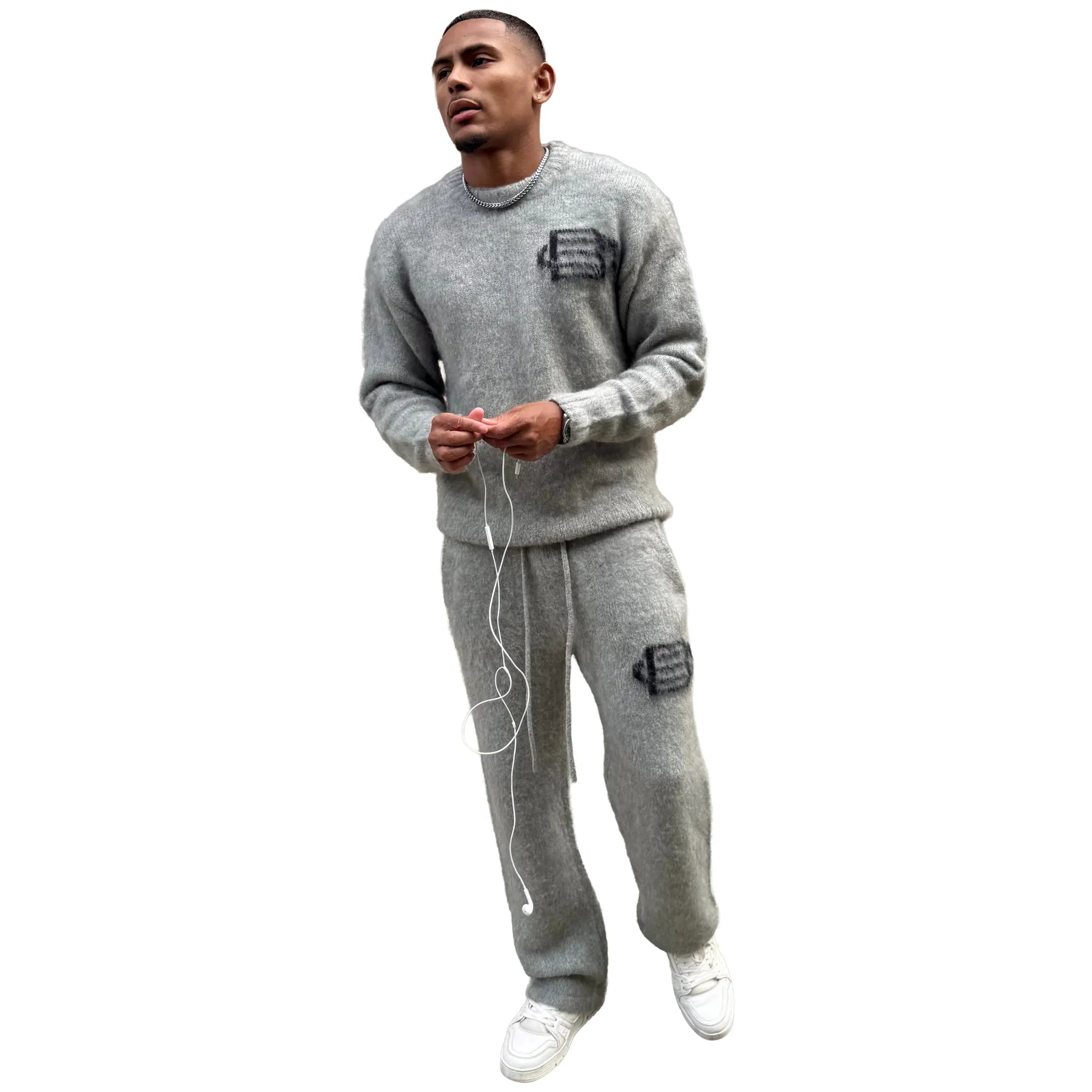 Model View of Bénir Clothing Mohair Knit BC Light Grey Sweatpants MOJOGLGRY